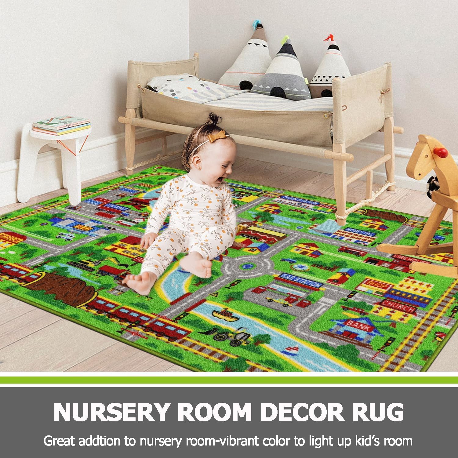 Capslpad Kids Play Mat 160x100cm Non-Slip City Life Play Area Carpet Machine Washable Car Play Mats Short Pile Traffic Road Learning Educational Area Rug for Kids Room Bedroom Playroom Decor, Green - Image 3