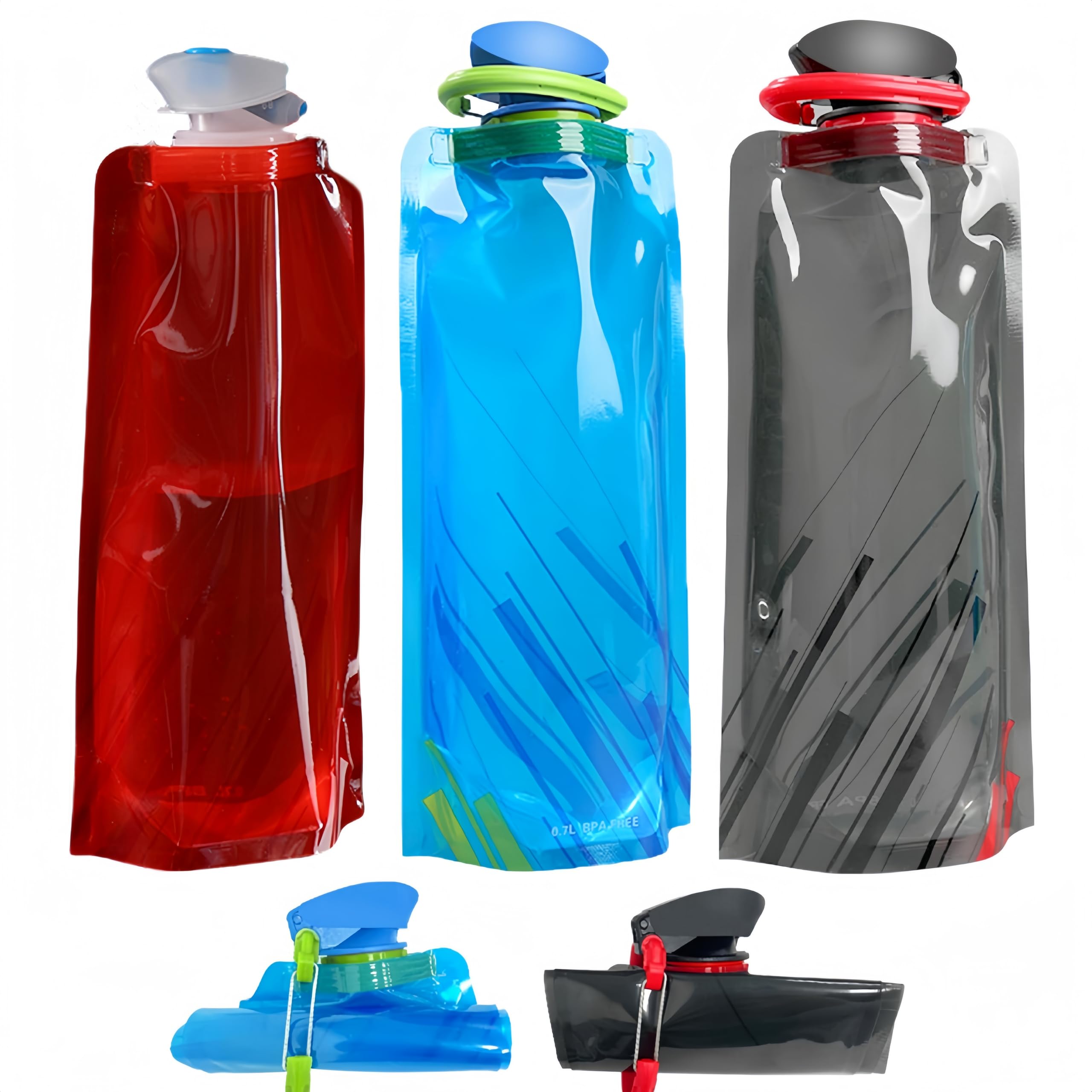 MAKABEE(3 Pack 700ml Large Foldable Water Bottle Fully Collapsible Stock Bottle, Portable Water Bottle for Running Cycling outdoor (Black, Blue, Red