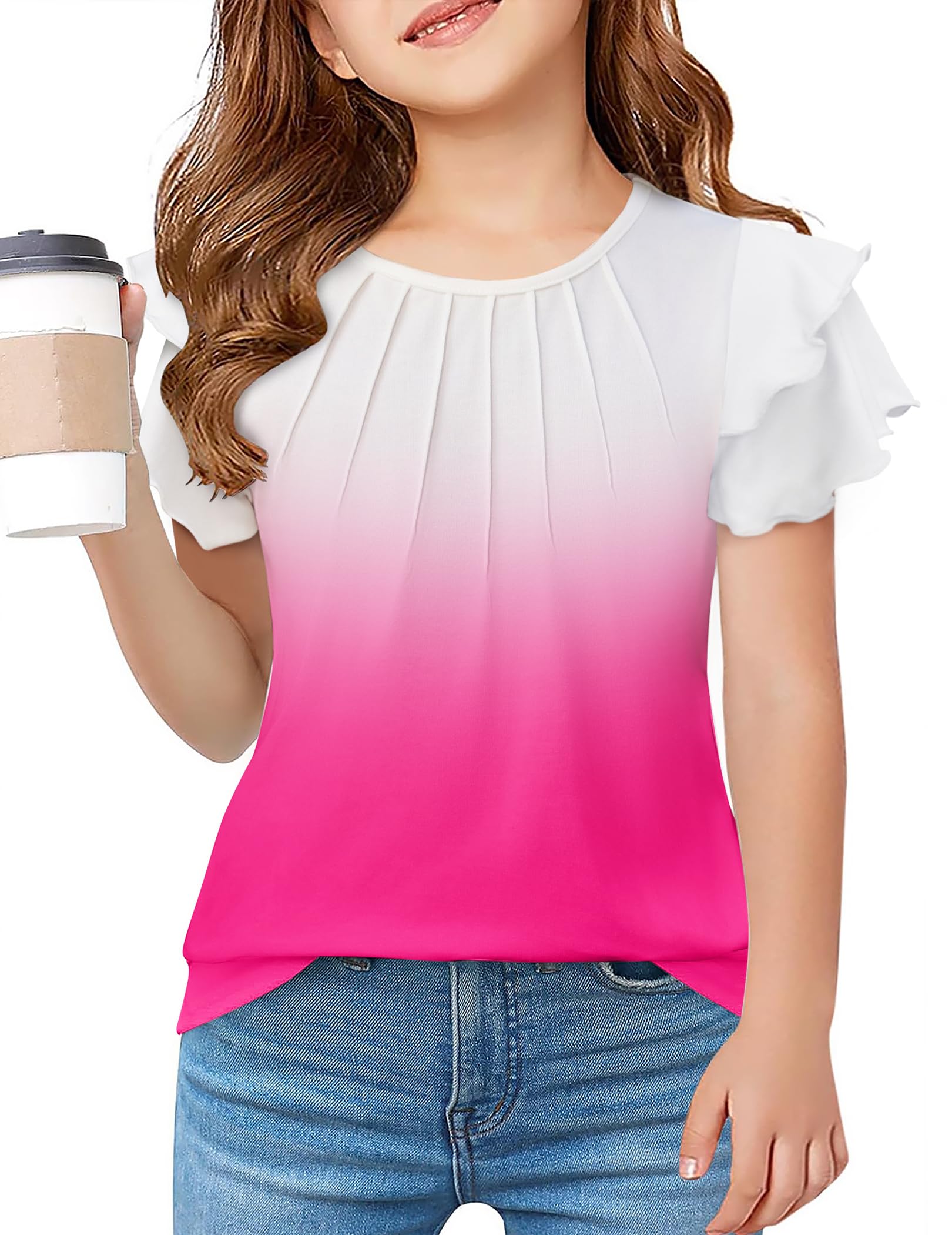 Arshiner Girls T Shirts Ruffle Short Sleeve Summer Pleated Crewneck Casual Tops Tees Blouses