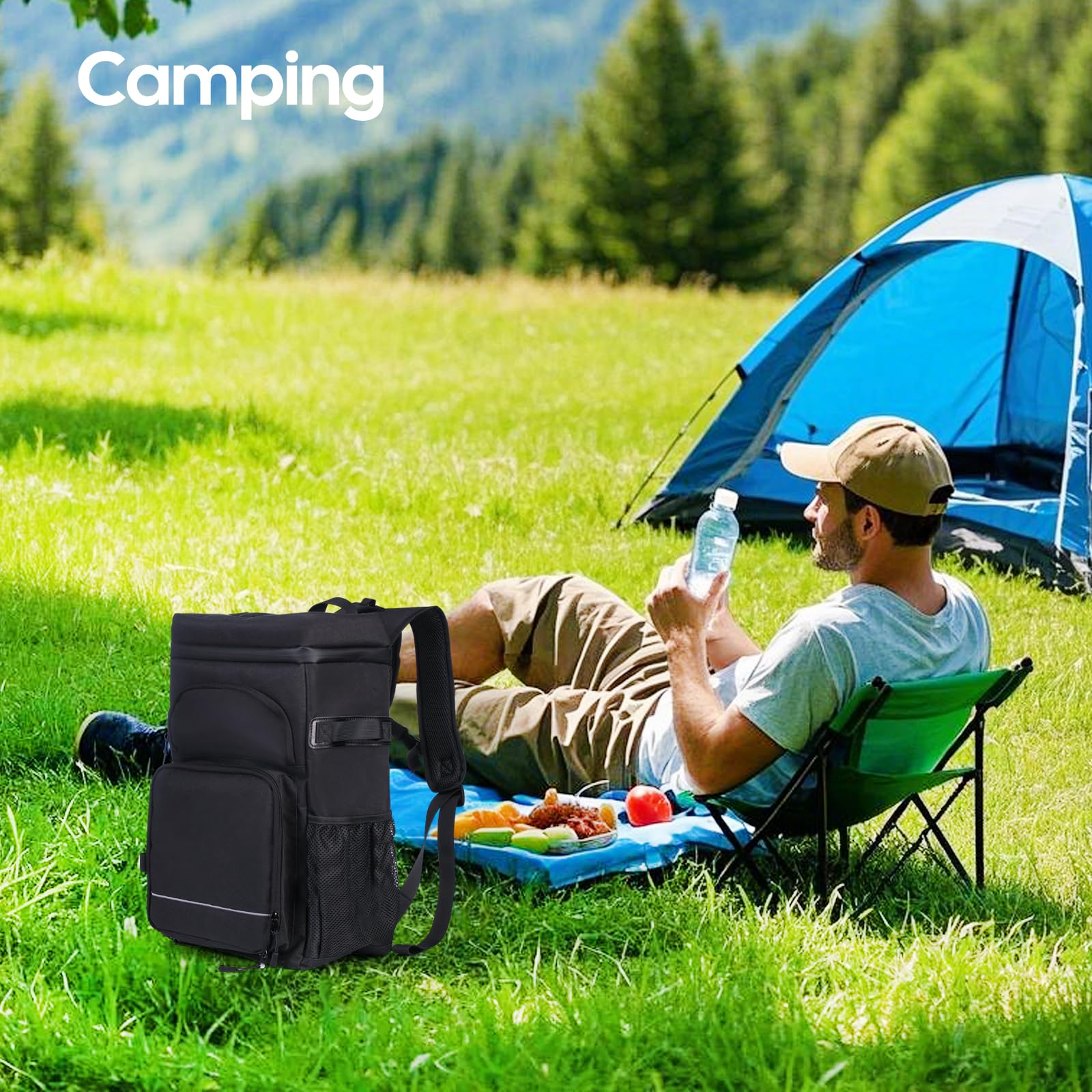 DEWUR Kühlrücksack 20L Thermo Rücksack Kühltasche Wasserdichter Picknickrücksack mit Flaschenöffner für Picknick Camping Strand Wandern Reisen Einkaufen (Schwarz)
