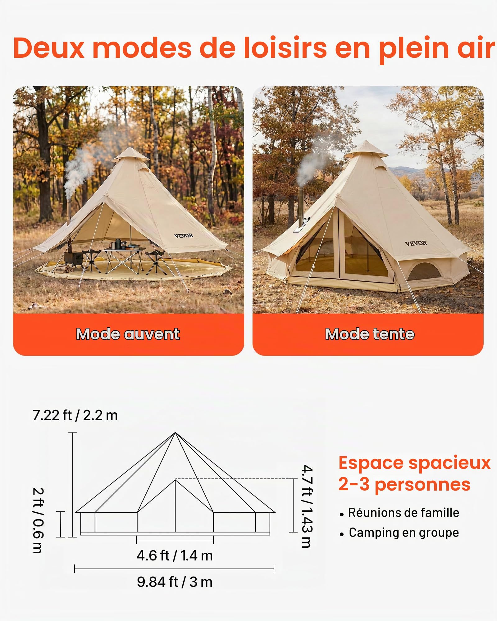 VEVOR Tente Yourte 3 m Jusqu'à 3 Personnes Tente Cloche en Tissu Oxford, pour 4 Saisons, Camping Familial, Glamping, Chasse, Événements Plein Air, avec Passage pour Conduit de Poêle, Tapis Amovible