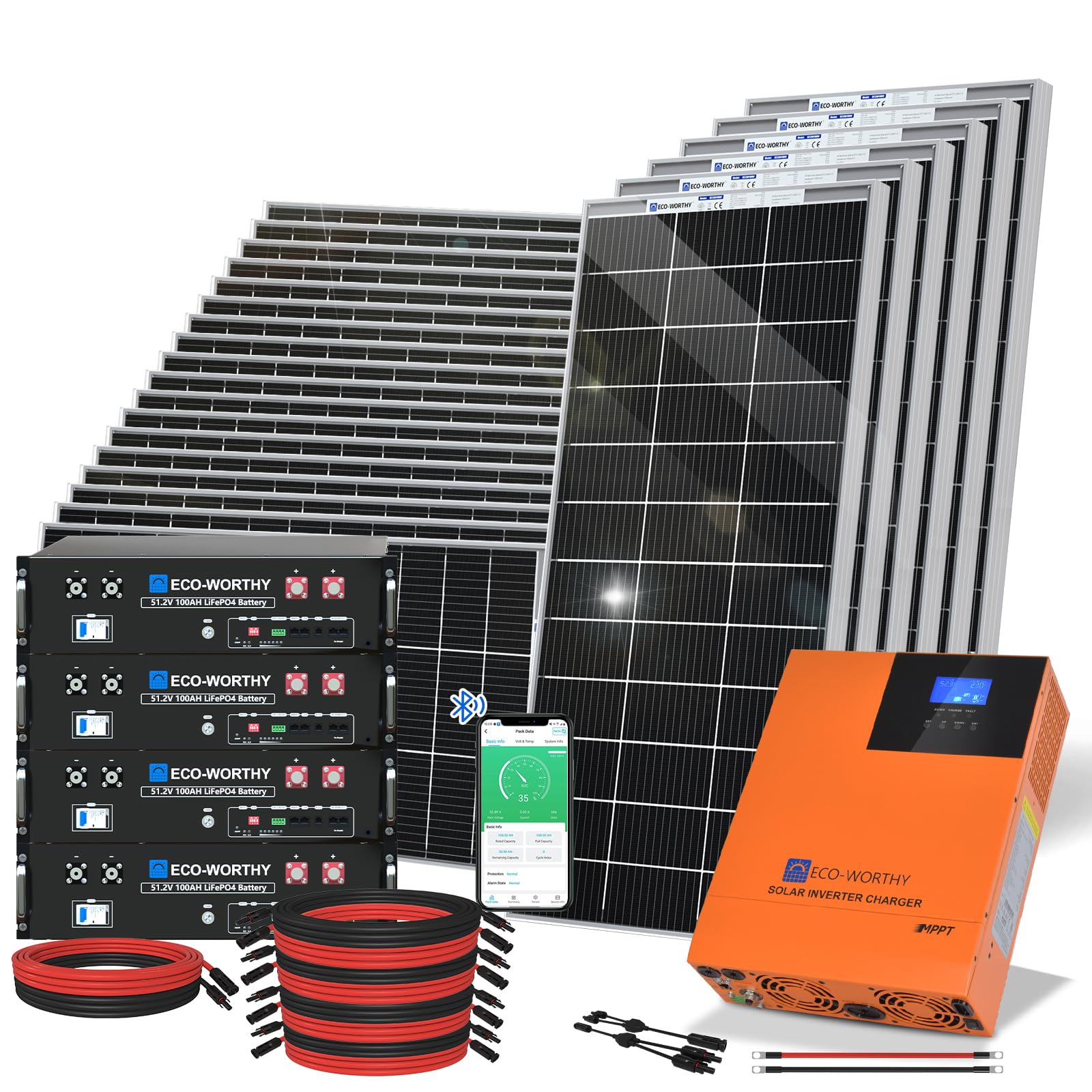 ECO-WORTHY 4680W 48V Solaranlage Komplettset mit LiFePO4,Solarpanel System für Netzunabhängige: 24 * 195W Solarpanel + 4 * 48V 100Ah LiFePO4 +48V 5000W Hybrid Inverter