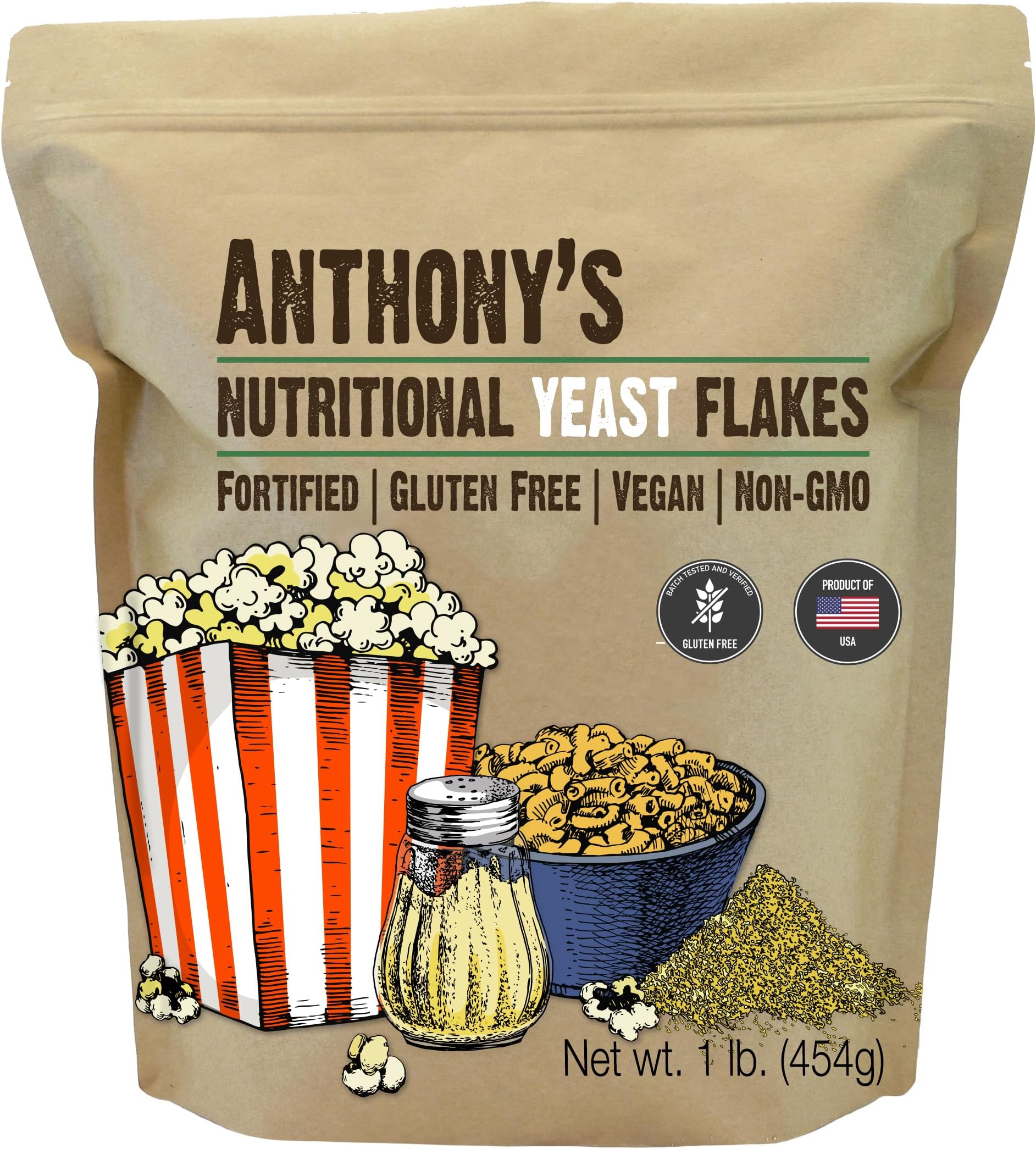 Anthony's Premium Nutritional Yeast Flakes, 1 lb, Fortified, Gluten Free, Non GMO, Vegan