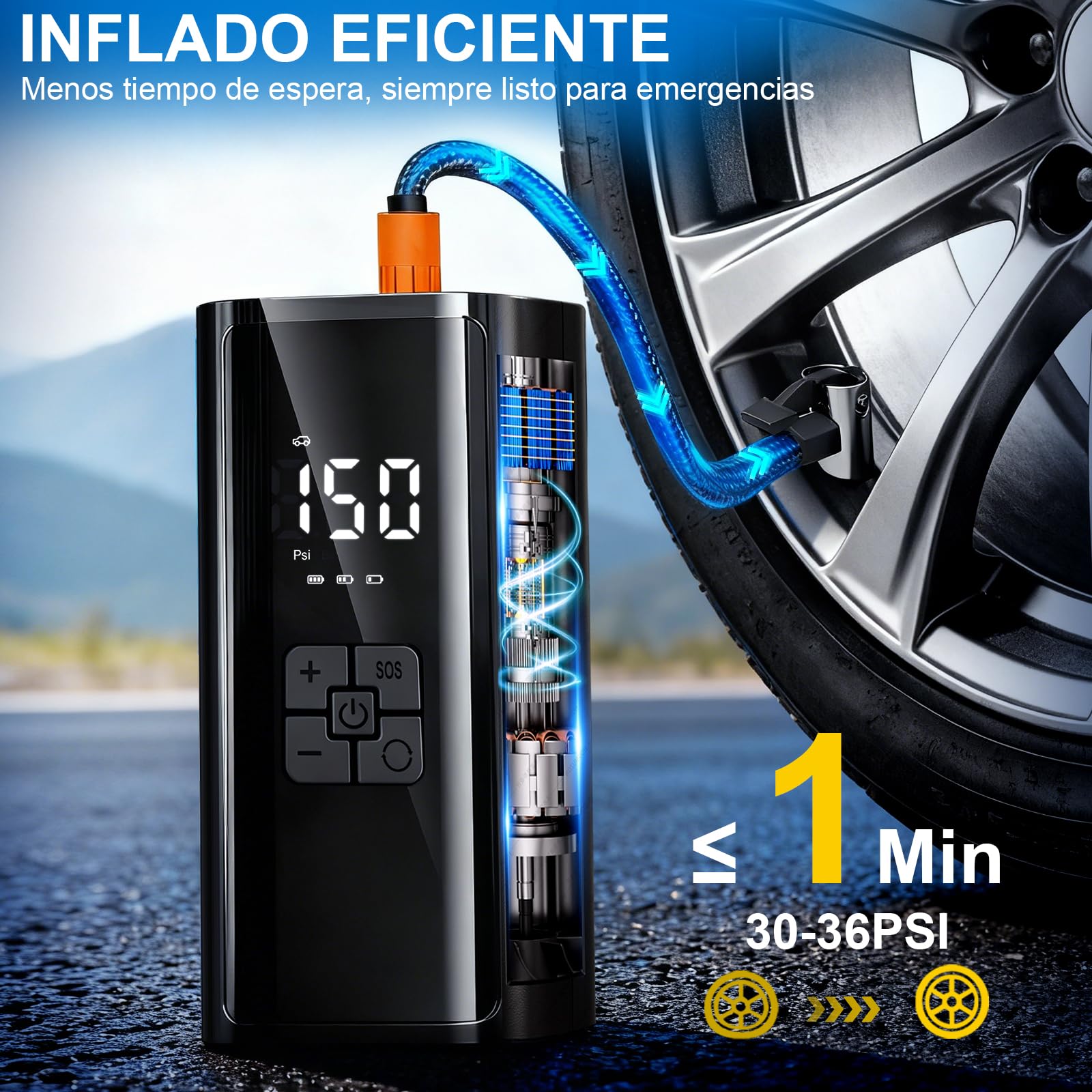 Visita la tienda de Dictien Compresor Aire Portátil, Inflador Ruedas Coche, 150PSI 12V 6000mAh Mini Compresor de Aire con Luz LED, Hinchador Ruedas Coche para Bicicleta, Coche, Moto, Vcooter, Balones in use