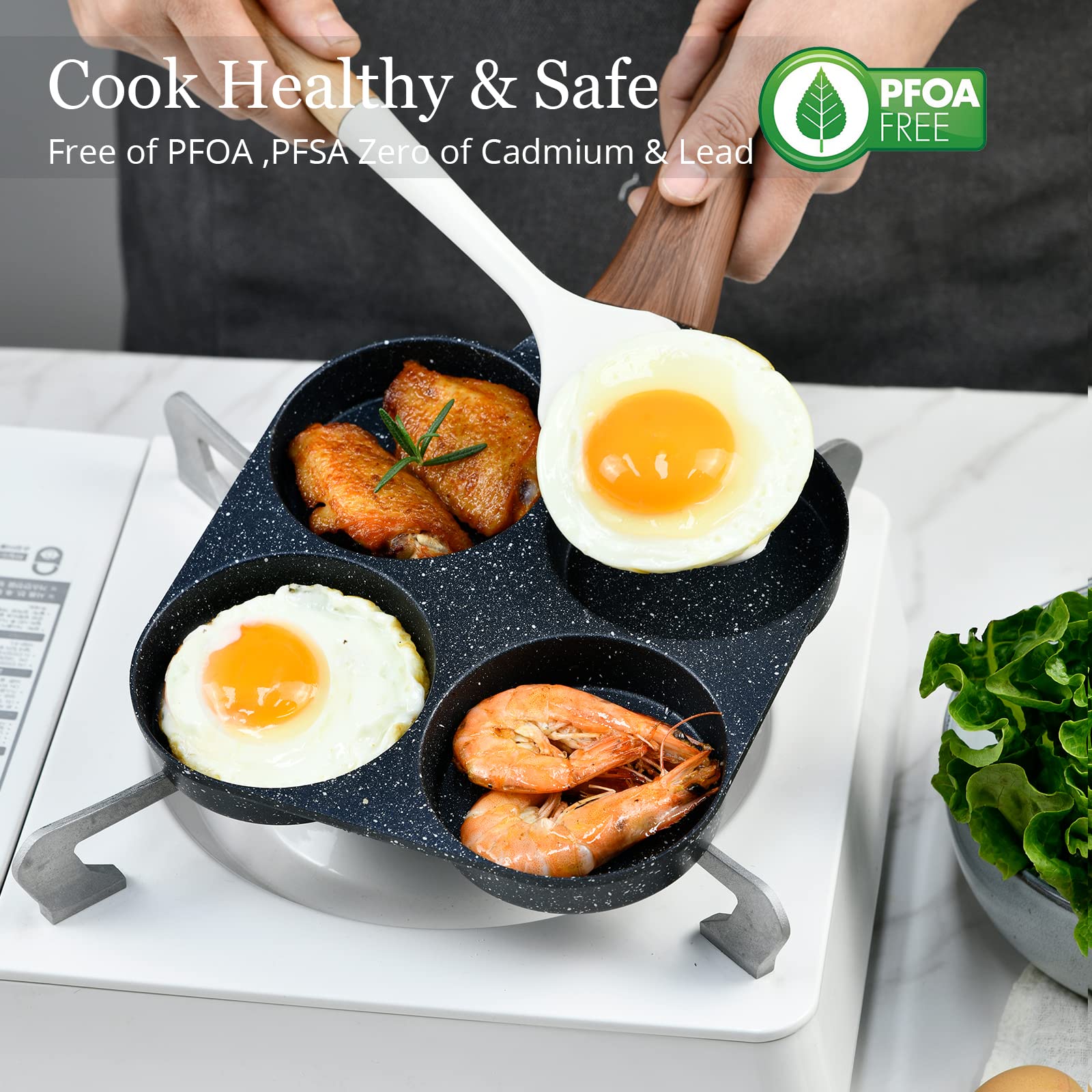 Sartén antiadherente de 4 tazas para desayuno y brunch, sartén para panqueques con girador y cepillo, sartén antiadherente, revestimiento de granito, sartén pequeña para huevos adecuada para estufa de 3
