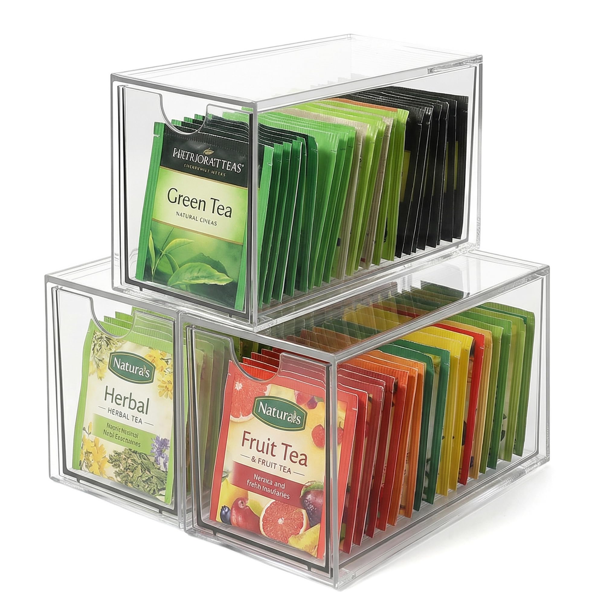 Porta Tisane Bustine con 3 Cassetti,Organizzatore per Bustine di Tè in Acrilico Trasparenti e Impilabili,Sacchetti da Tè in Acrilico con Cassetti per Capsule di Caffè, Cancelleria, Cosmetici