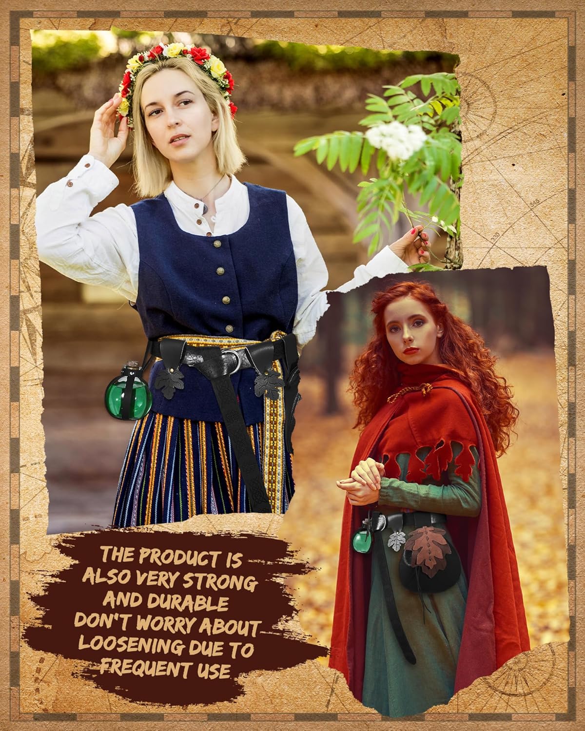 6 Pcs Women Renaissance Accessories Leaf Belt Bag Medieval Viking Belt Potion Bottles Leather Skirt Hikes - Image 5