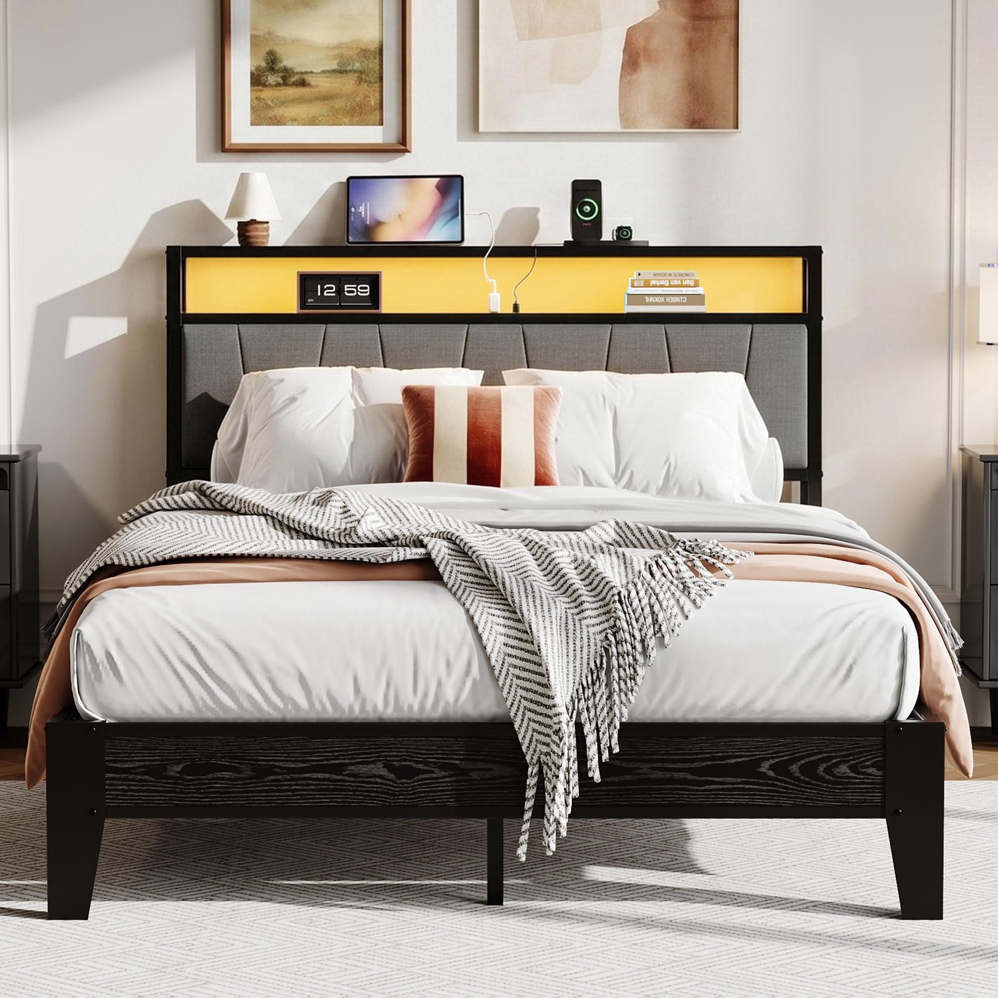 IRONCK Double Bed Frame with LED Lights and Charging Station, 2 AC Outlets, 1 USB‑A, 1 USB‑C Port, 135x190 cm Stable Metal Bed Frame with Storage Shelf Upholstered Headboard, Underbed Storage, Black