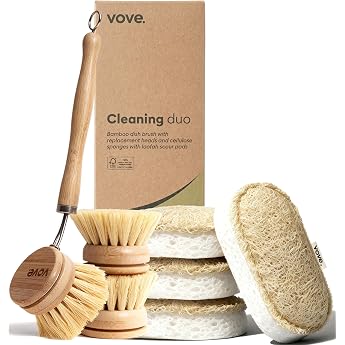 Vove Cleaning Duo Dish Brush Set Made of FSC Certified Bamboo & Natural Sisal Washing Up Sponges Loofah Cellulose Plastic-Free Eco-Friendly for Zero Waste Kitchens