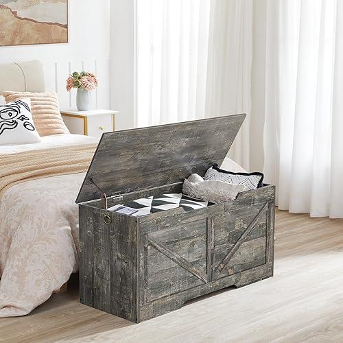 Miniatura 2 de HOOBRO Banco de almacenamiento, baúl de almacenamiento de madera retro de 39.4 pulgadas con tirador recortado en forma de U, bisagra de seguridad,