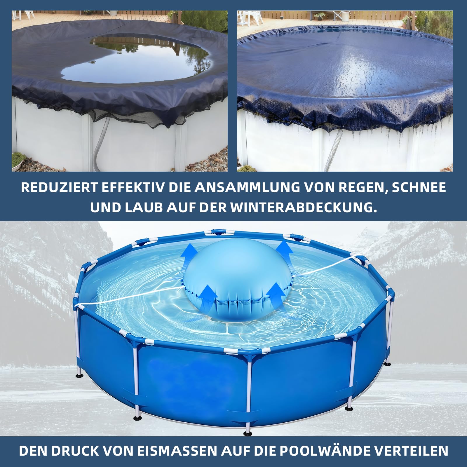 2 Stück runde aufblasbare Pool Winterkissen Ø1.2 m, Luftkissen Pool Winter für Poolabdeckung mit 15m Seil, Zubehör für Winter und schlechtes Wetter