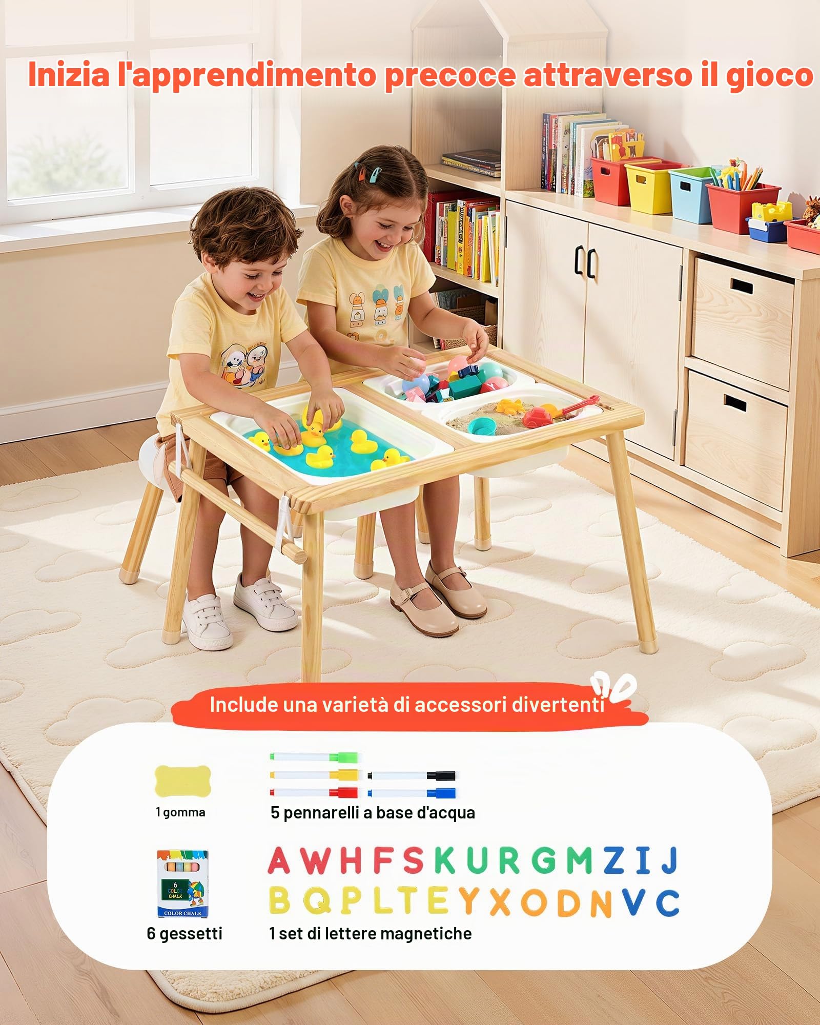 VEVOR Tavolo Sensoriale per Bambini, Banco Multifunzioni in Legno con 2 Sgabelli, Piano a Doppio Lato, Contenitori Portaoggetti e Piedini Antiscivolo, per Giochi con Sabbia e Acqua Disegno Studio