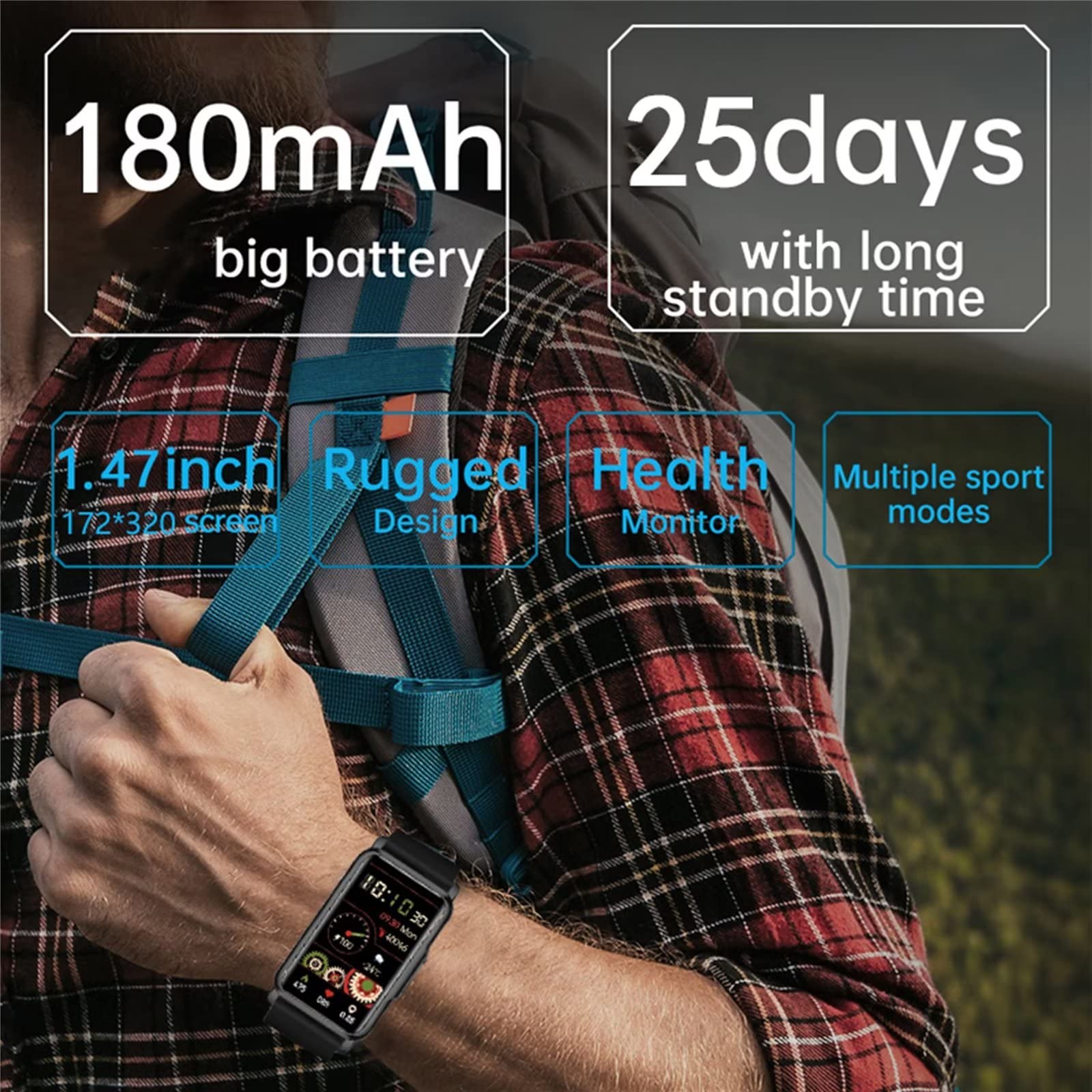 FORSINING Smartwatch, Fitnessuhr mit Blutdruck- und Herzfrequenzmessung für iOS und Android, 3,7 cm (1,44 Zoll) Touchscreen, Herren-Smartwatch, IP67 wasserdicht, Schwarz
