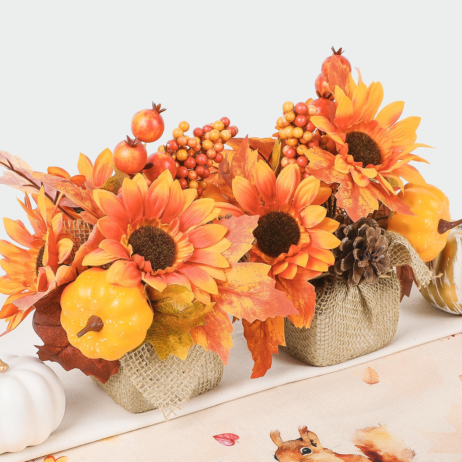 2PCS Fall Decorations for Home- Fake Fall Potted Potted Plants with Artificial Pumpkin Sunflower and Maple Leaf Berry Pine Cone Bouquet for Harvest Thanksgiving Centerpiece Table Decorations