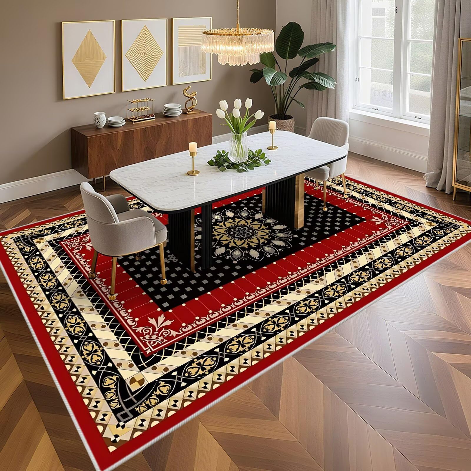 Kuschelig Weich Teppich Wohnzimmer Kurzflor 200x250cm,Rot Großer Teppich,Persischer Stil für Balkon,Gegend,Matt Floor