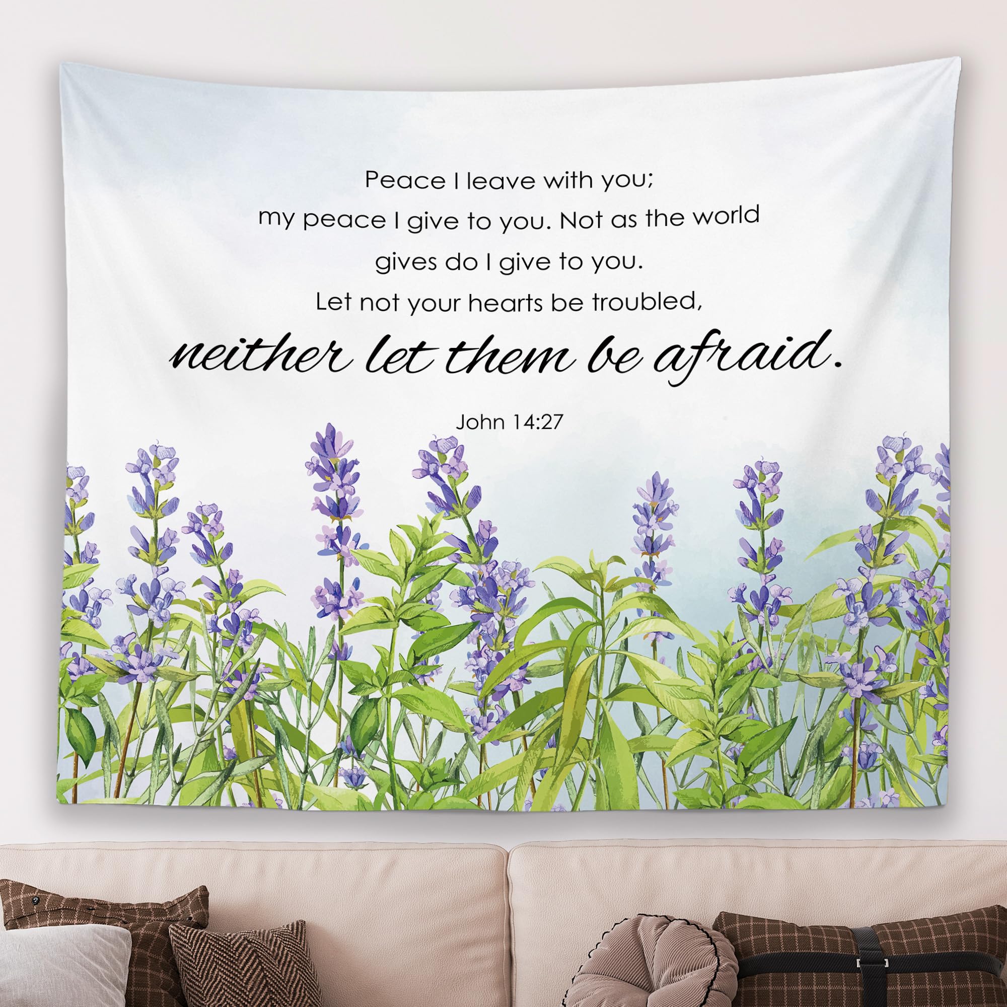 MNASAIOO Christian Spring Lavender Floral Wall Tapestry Hanging for Bedroom, Bible Verse Peace Tapestry, Watercolor Flower Religious Tapestries Wall