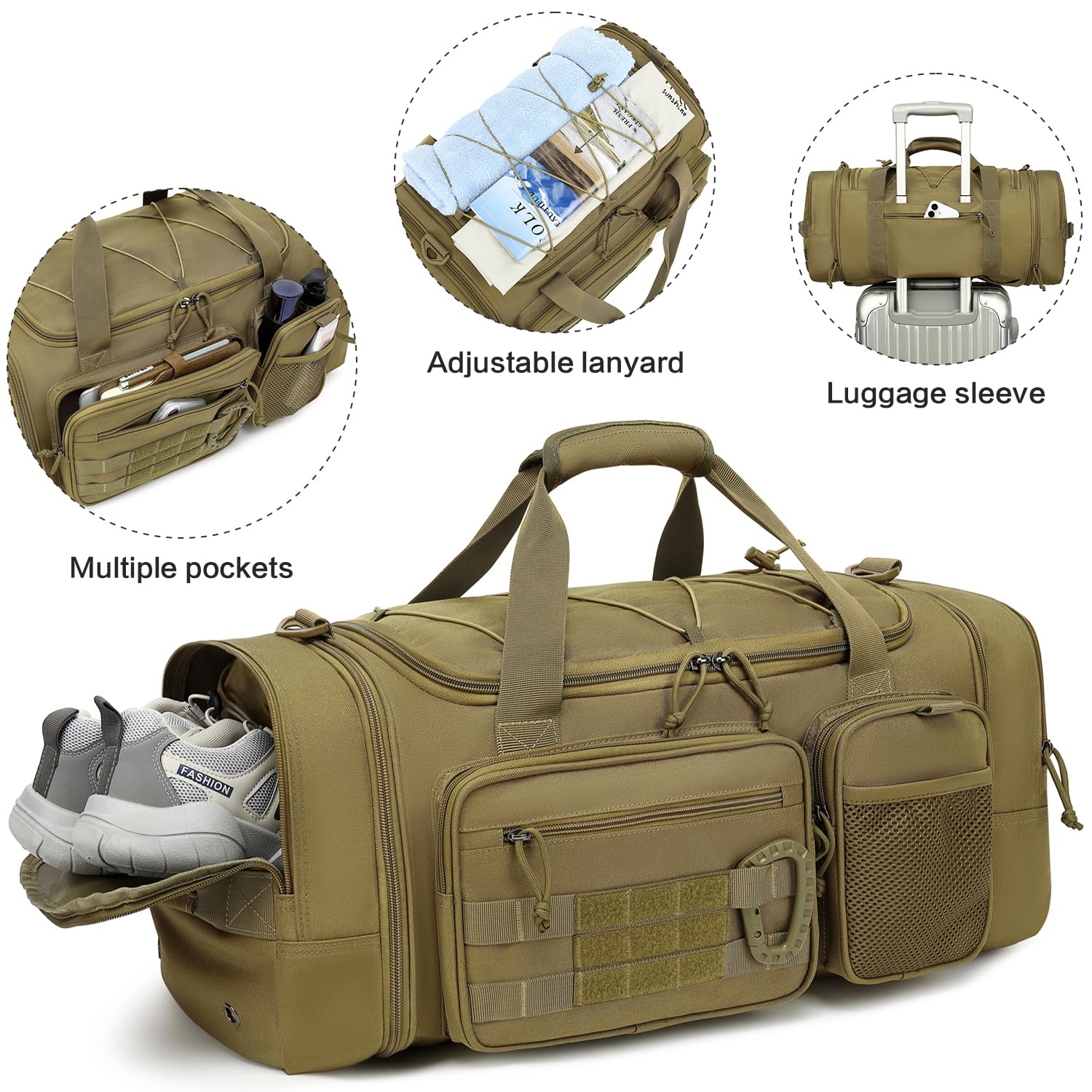 Męska taktyczna torba sportowa 50-55 l, rozciągliwa, duża torba fitness 3 w 1, wojskowa torba podróżna, br?zowy, L, podróże, kemping, sport, siłownia, trening, boks, turystyka piesza