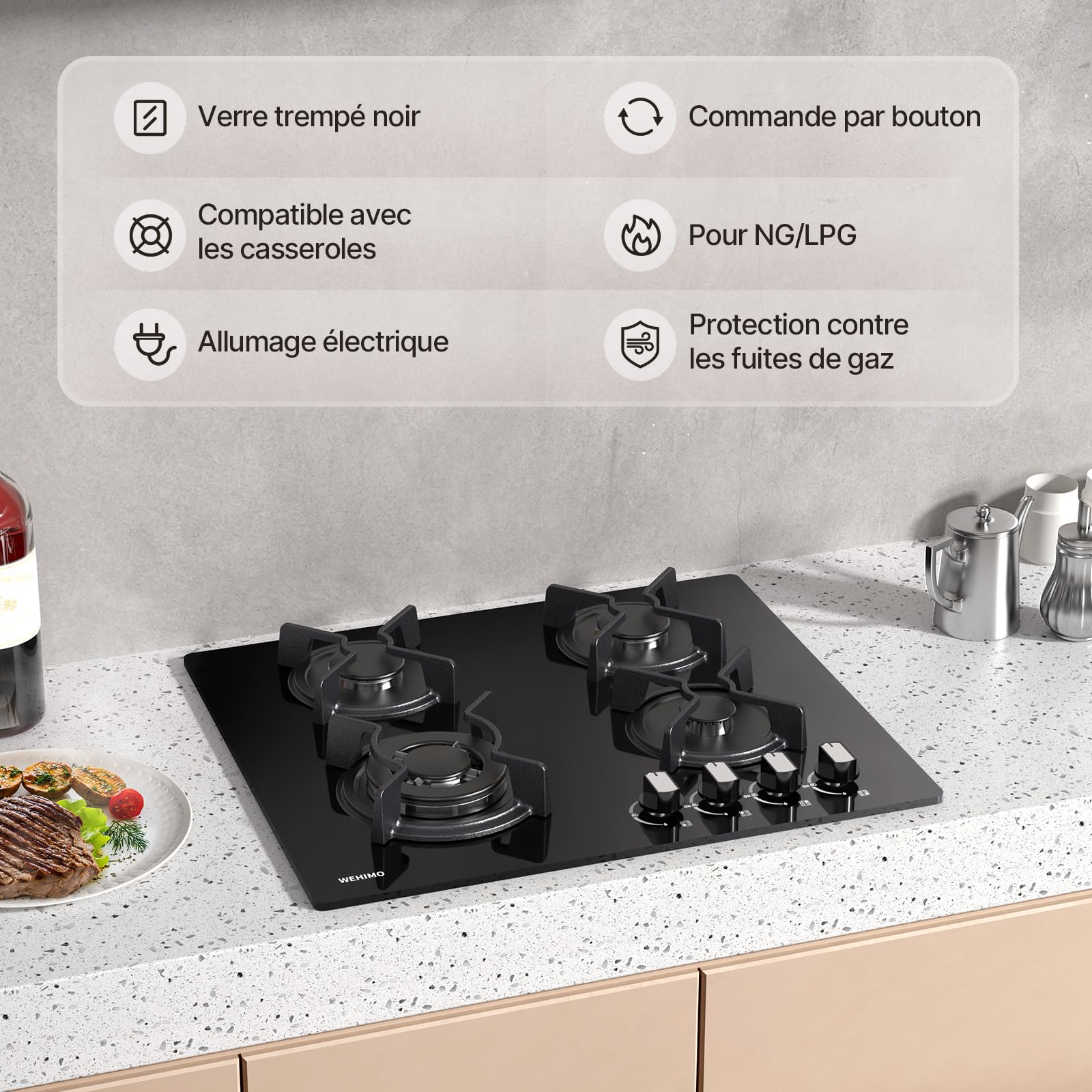 Plaque de Cuisson Gaz 4 Feuxs Encastrable 60cm 7800W Grille Fonte Verre Noir