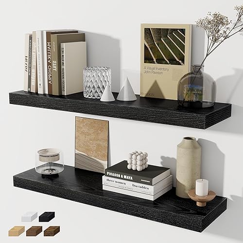 Miniatura 43 de Estantes flotantes para pared, juego de 2 estantes flotantes de 28 pulgadas, estante de madera rústica montado en la pared para baño, sala de estar,