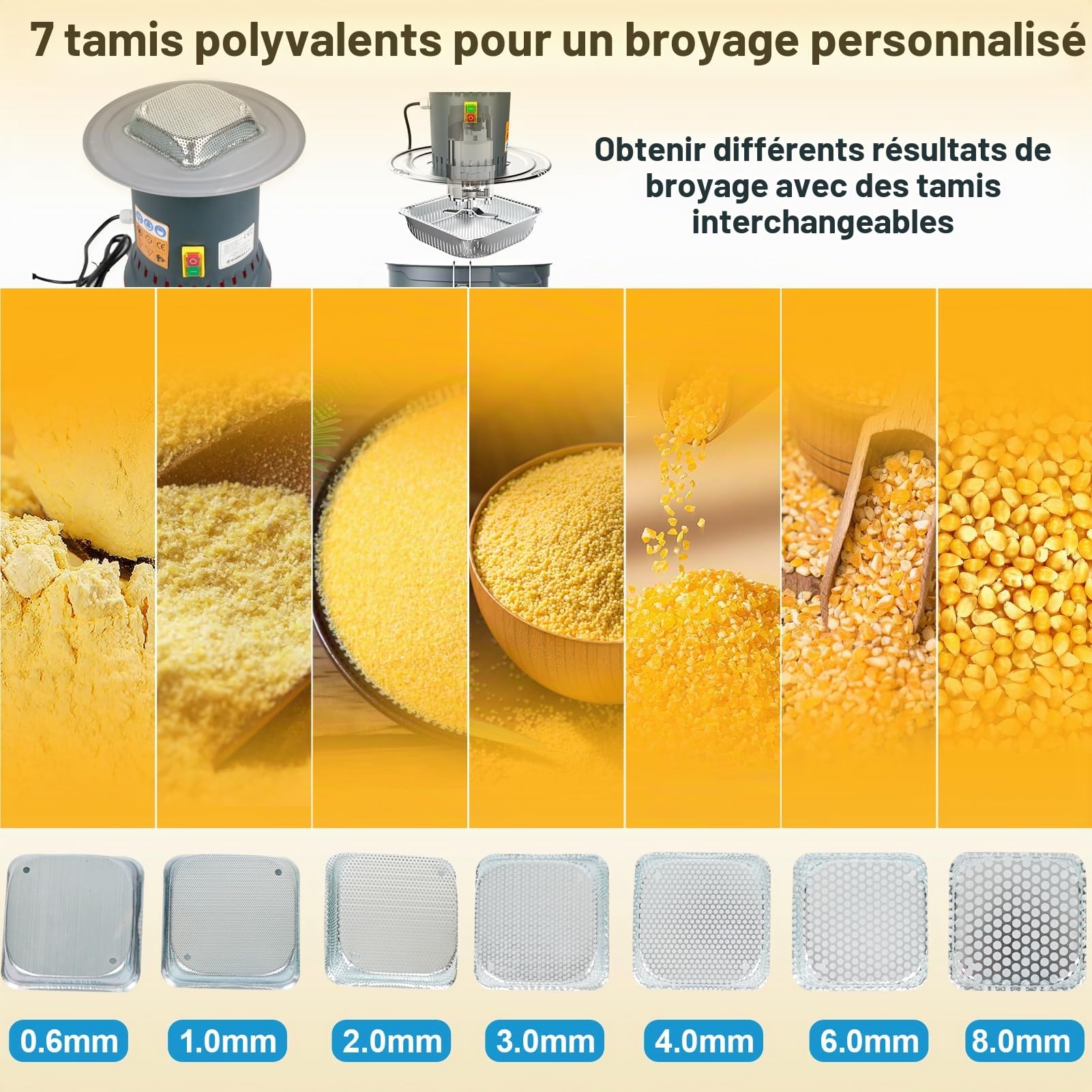 25L Moulin à céréales électrique Moulin à maïs Moulin agricole Moulin à céréales Machine pour céréales maïs blé fourrage Moulin à Farine Moulin 7 Tailles Grinder Tamis + 1 Clé