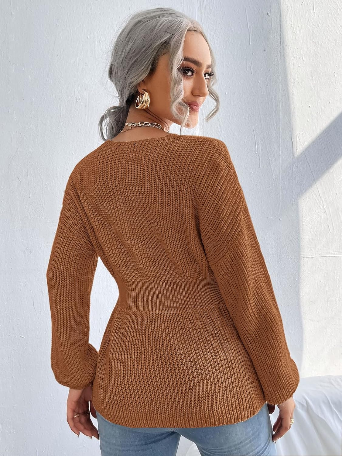 Women's Sweater Notched Neck Bishop Sleeve Ribbed Knit Sweater Sweater for Women (Color : Rust Brown, Size : Small)