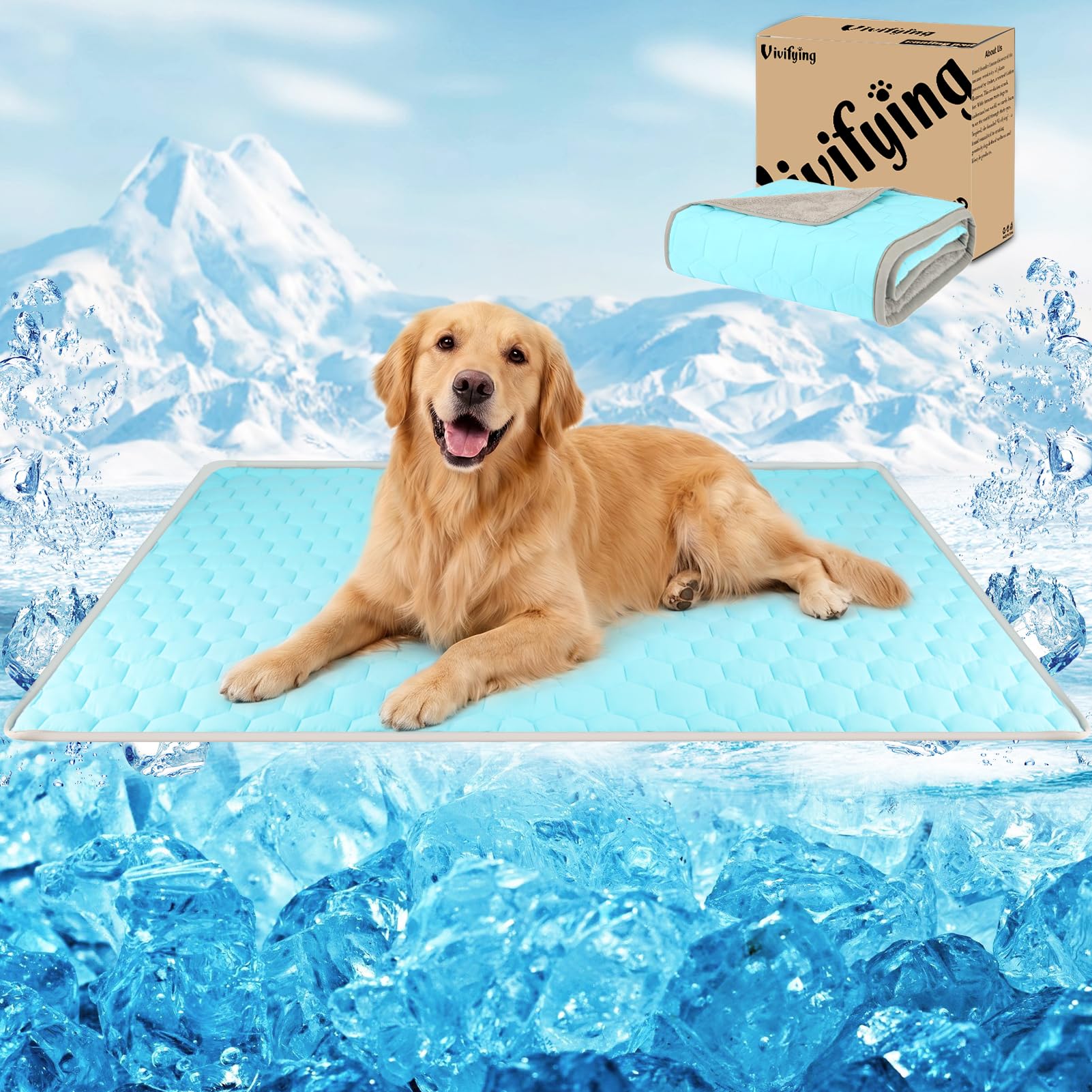 Vivifying Tapis rafraîchissant Chien 152 x 101 cm, Couverture Chien imperméable réversible en Soie glacée & Velours, Auto-refroidissant, Lavable, été/Hiver, canapé, lit, Cage, Sol, Auto (Bleu/Gris)