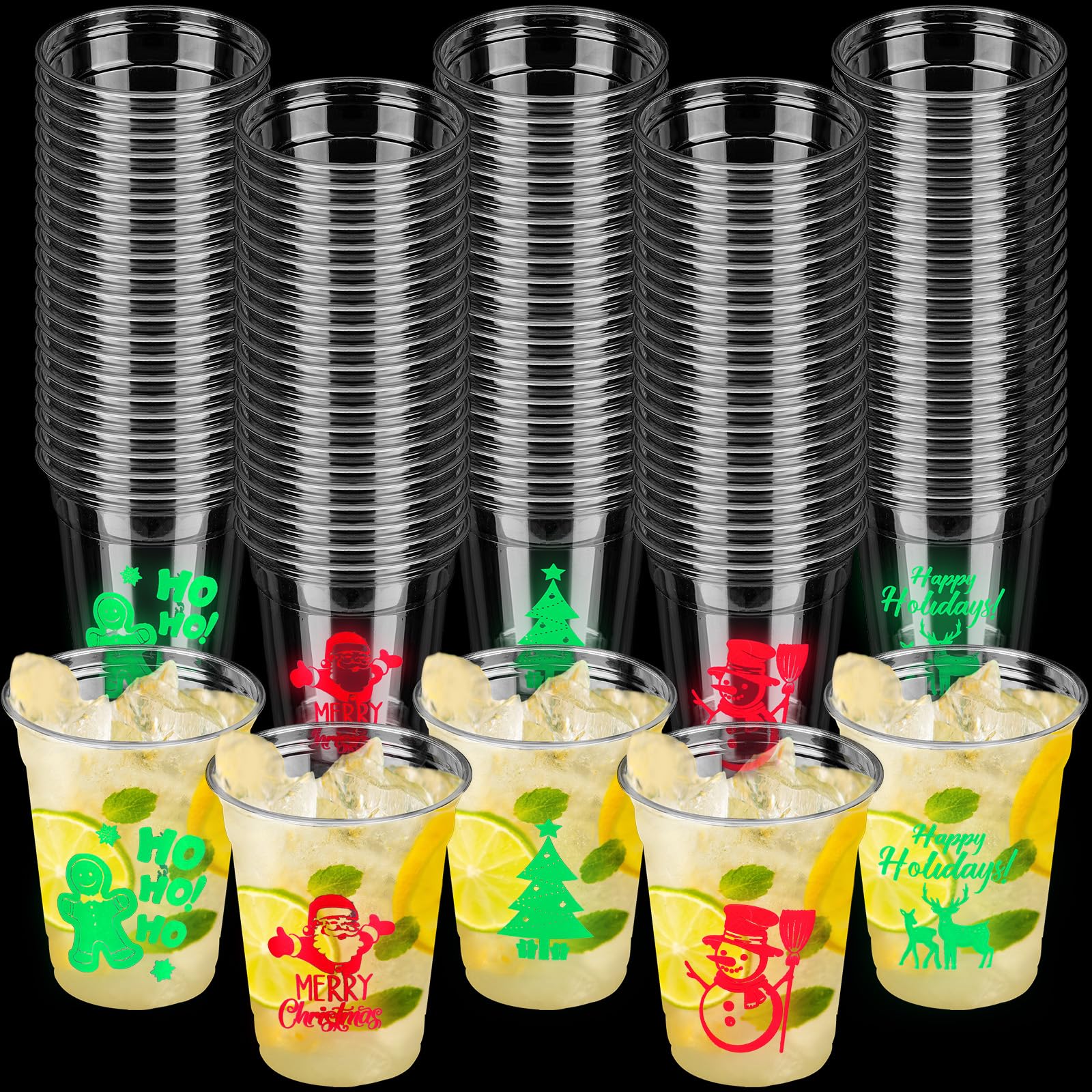 Sliner 200 Pcs 12oz Light up Christmas Clear Plastic Cups Glowing in the Dark Christmas Disposable Plastic Cups Flash Happy Holiday Print Christmas Cups Supplies for Christmas Holiday Party Drinks