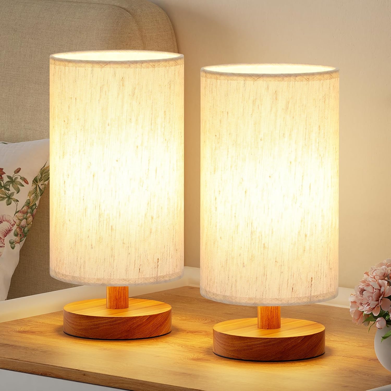 Fenmzee Small Lamps Set of 2 - Inline Control, Bedside Table Lamp for Bedroom with 3000K A15 LED Blub, Easy Assembly (Cream Shade - Walnut Base Set of 2, 9" Inline Control)