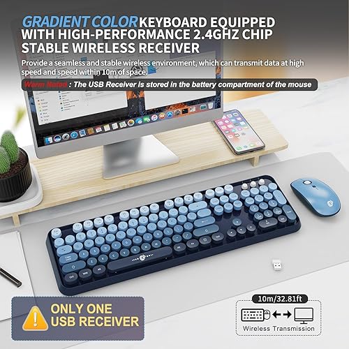 Miniatura 2 de FOPETT Combo de teclado y mouse inalámbricos, 2.4G de tamaño completo, lindo mouse y teclado coloridos con 104 teclas redondas, teclado retro para