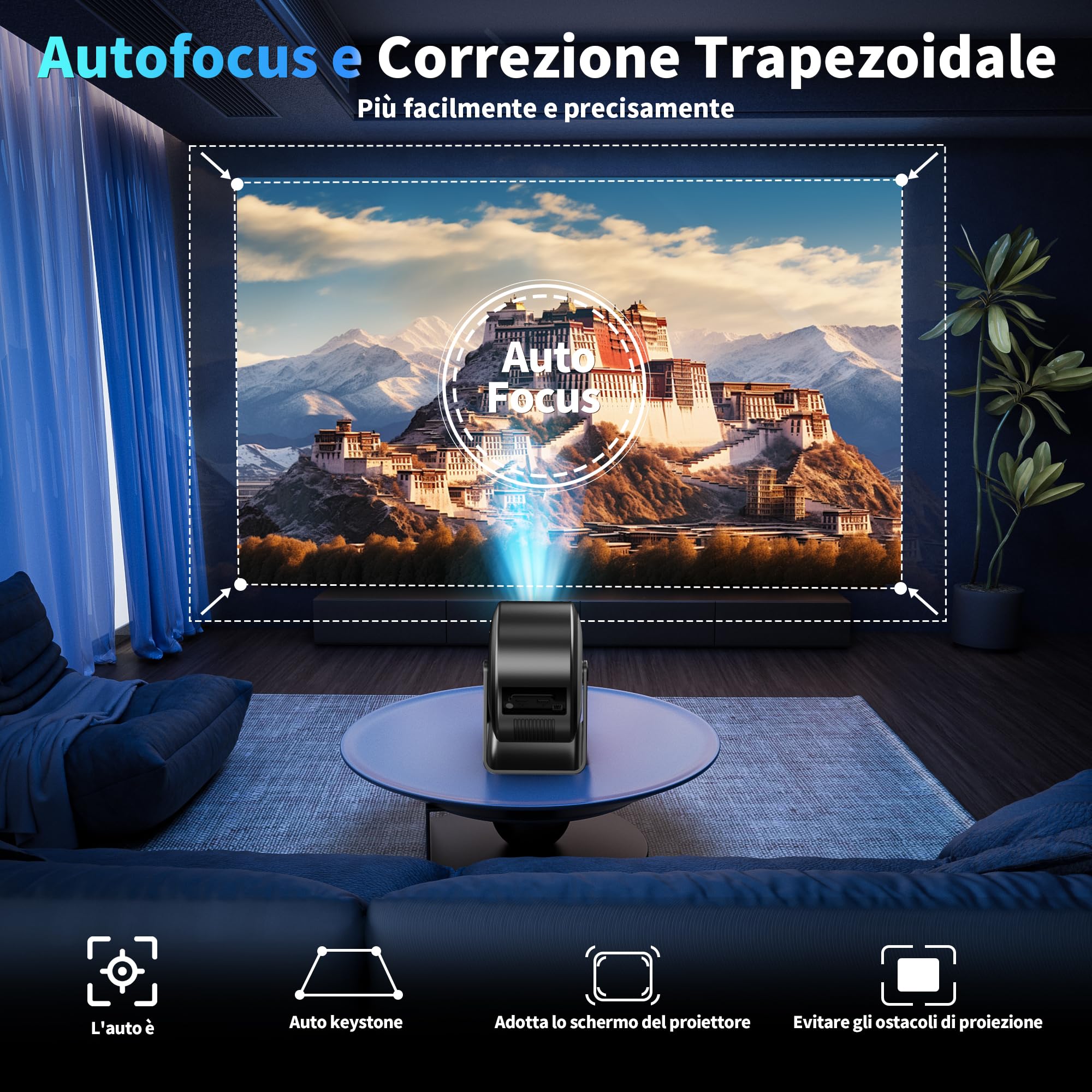 Mini Projector [Integrated Apps & 2026 Upgraded] Supporto 4K 1080P, Portable Projector Auto Focus/Keystone avec WiFi 6 et Bluetooth 5.4 Correction 360°Rotation, Mini Proiettore Home Theater - Grigio