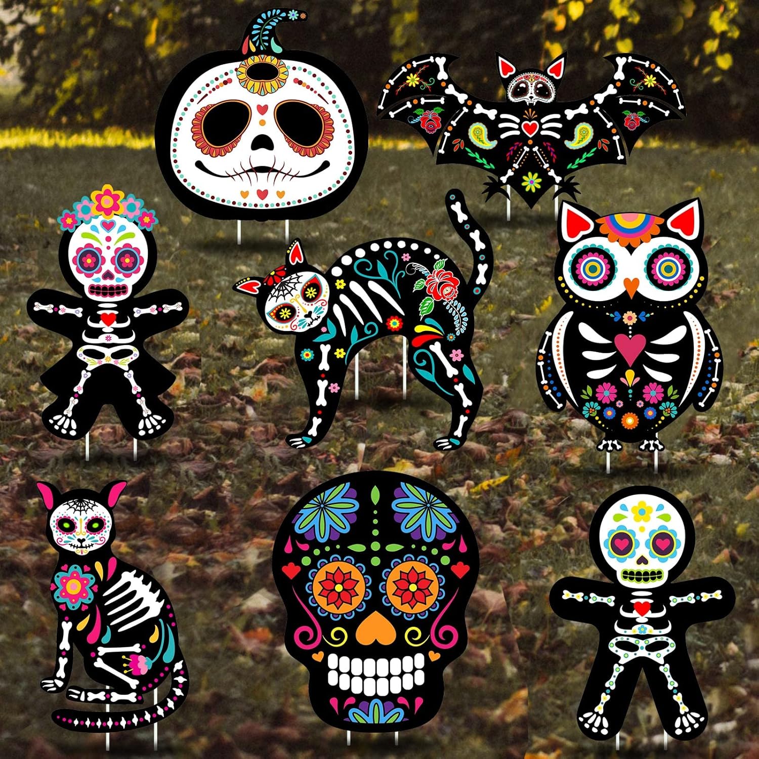 Yerliker 8 Pieces Day of The Dead Outdoor Decorations Yard Signs with Stakes, Halloween Party Supplies Dia De Los Muertos Decor Sugar Skull Skeleton Cat Owl Garden Lawn Decor for Scary(Colorful) - Image 7