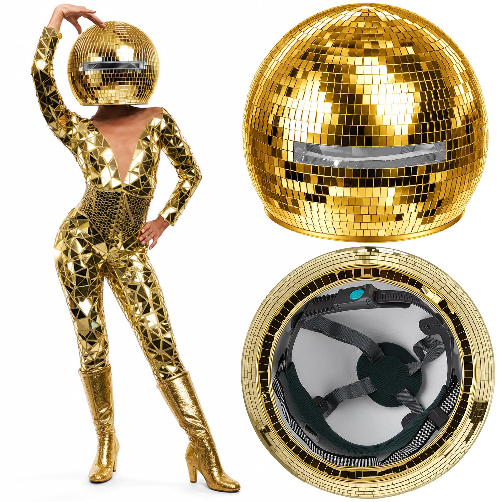 Sabary 11.81 Inch Disco Ball Helmet Adult Gold Glitter Glass Hat Novelty Punk Disco Ball Costume Cosplay for Nightclubs Parties Bar Djs Stage : Musical Instruments
