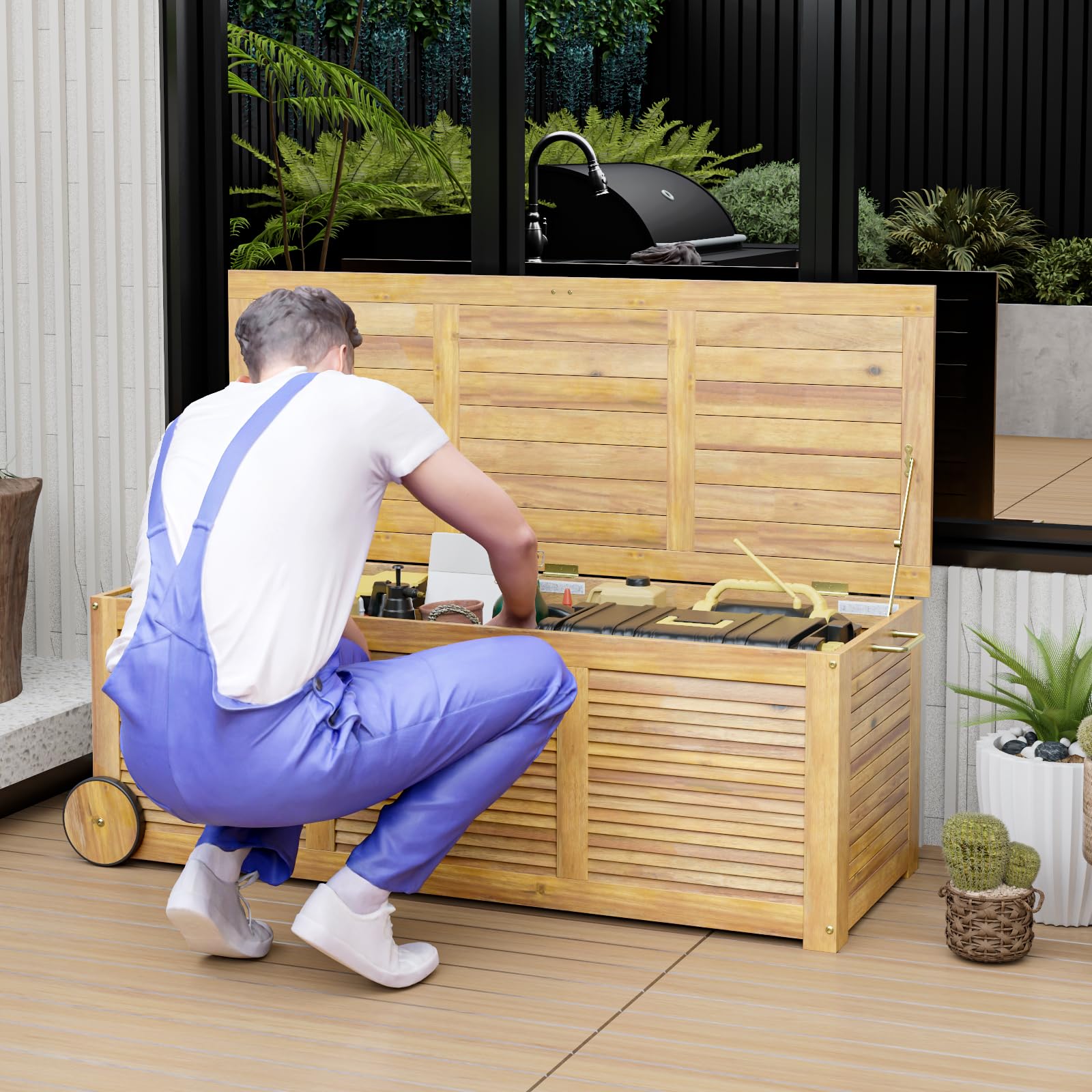 GOPLUS Gartenbox, 182L Aufbewahrungsbox aus Massivholz, Kissenbox mit Rollen, Griff & wasserdichtem Tasche aus PE, Auflagenbox Outdoor für Sitzauflagen, Gartengeräte & Spielzeug, 127x50x45 cm, Natur