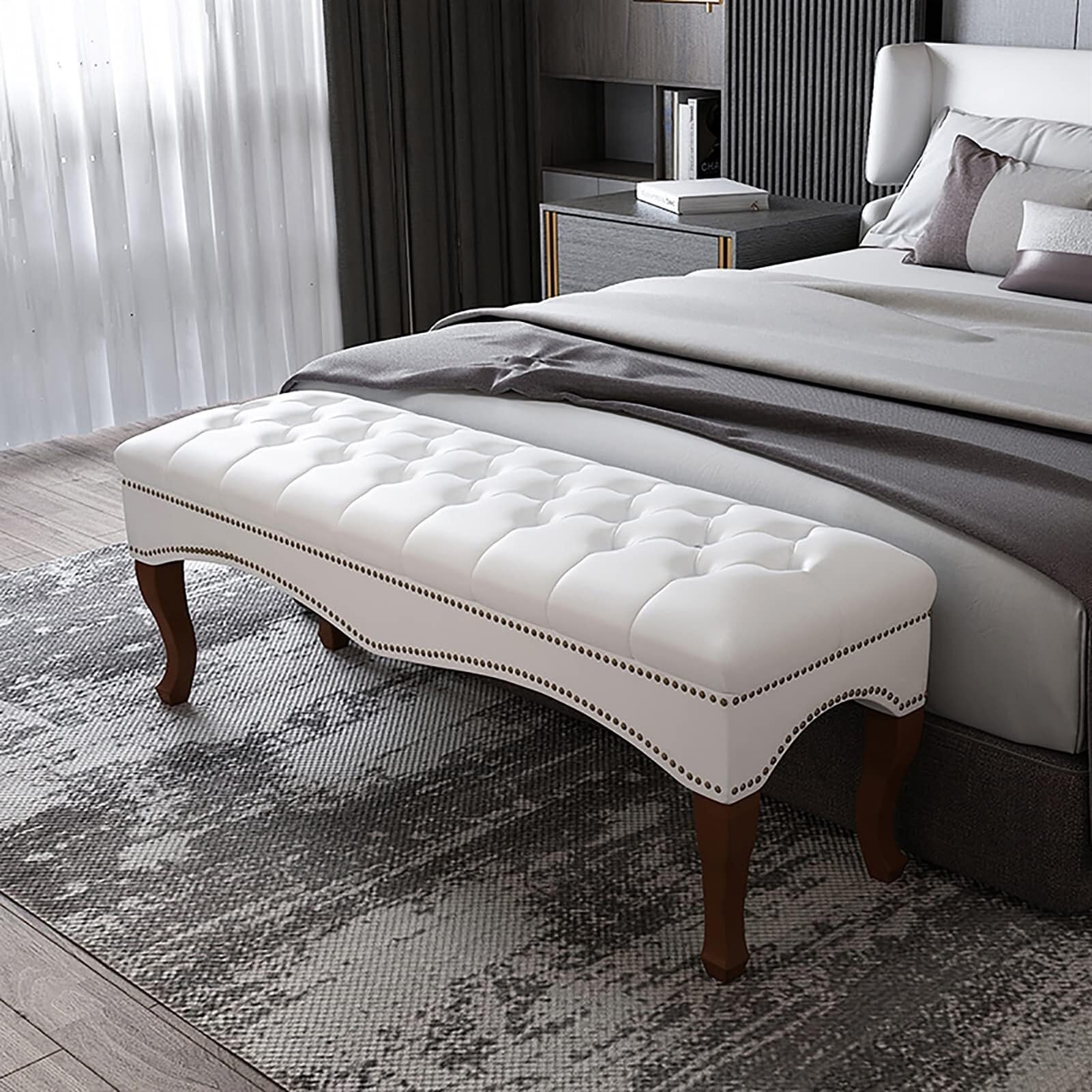 Banco de cuero blanco 60x40x45 cm con patas de madera maciza para dormitorio