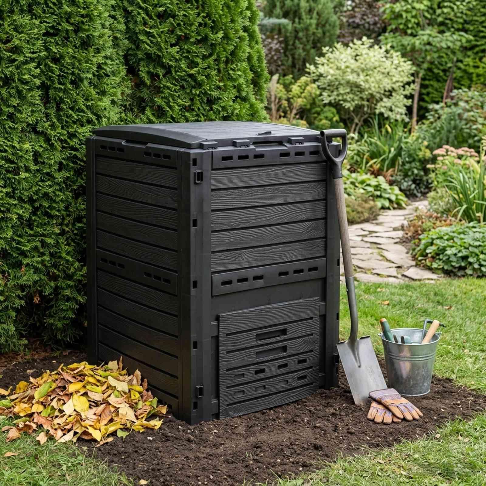 Gartenkomposter Schwarz 59,5 x 60 x 81,5 cm 280 l wetterbeständiger Kunststoff Behälter mit Deckel, offener Boden, Klappe, Erdanker ideal für organischen Abfall und Kompostierung im Garten