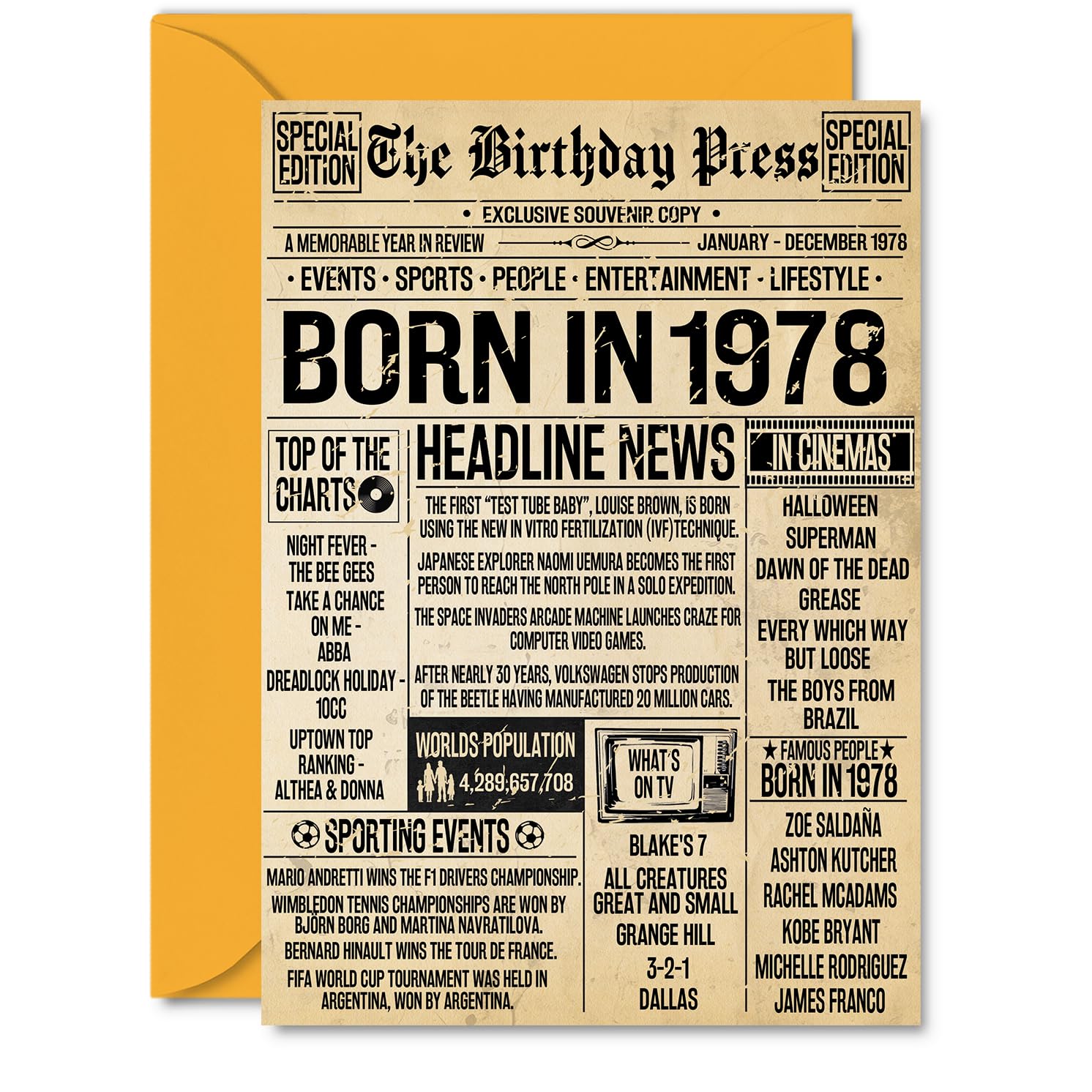 48th Birthday Card for Men Women - Bday Press Newspaper 1978 - Happy 48 Birthday Cards for Uncle Colleague Son Niece Nephew Dad, A5 Bday Greeting Cards