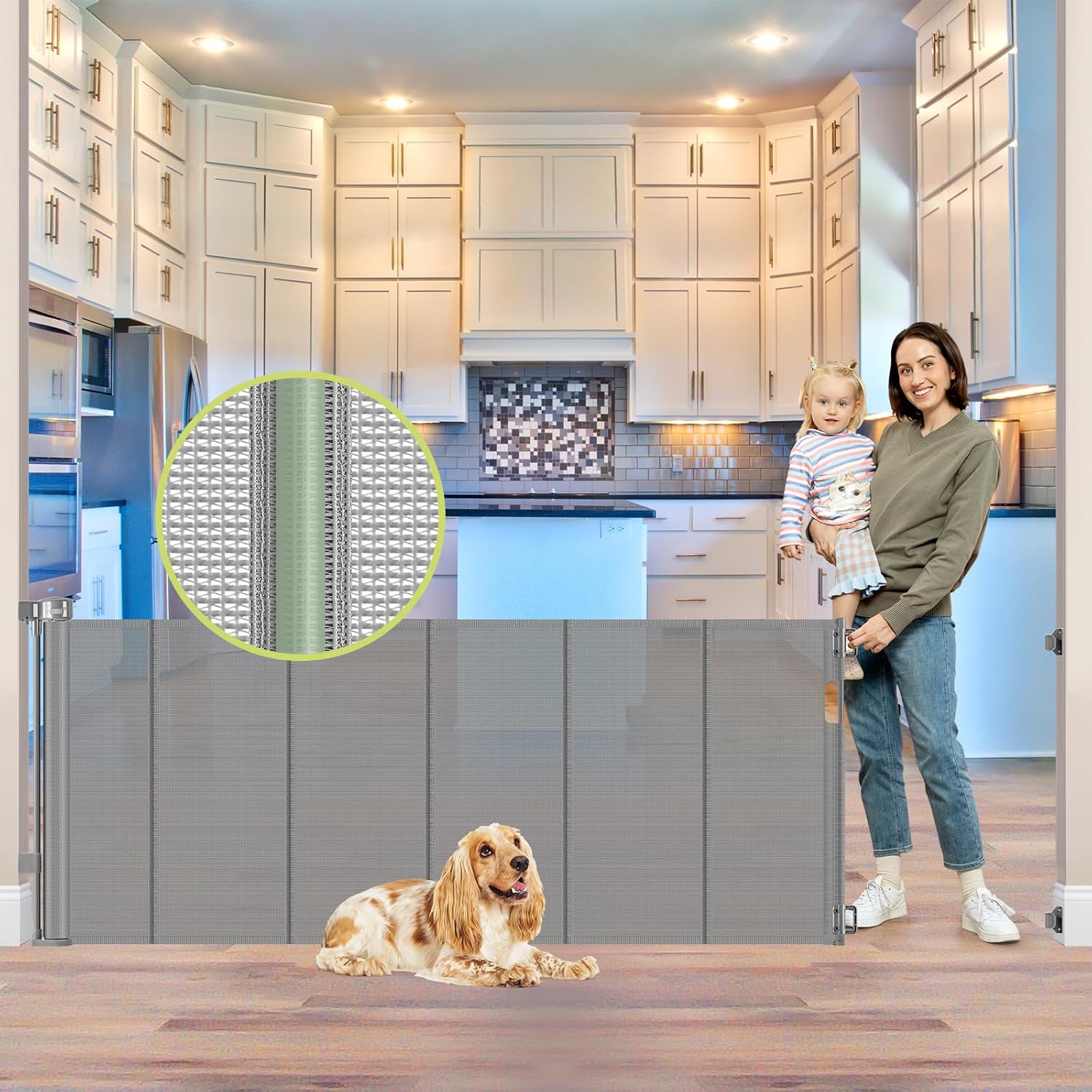 Reinforced 80 Inch Extra Wide Retractable Dog Gate to Prevent Crawling Through, Super Wide XL Retractable Baby Gates for Dog Indoor, Long Baby Gates Indoor Extra Long, Outdoor Mesh Pet Gate, Gray Gray 33" Tall x 80" Wide? With Reinforced Bar ?