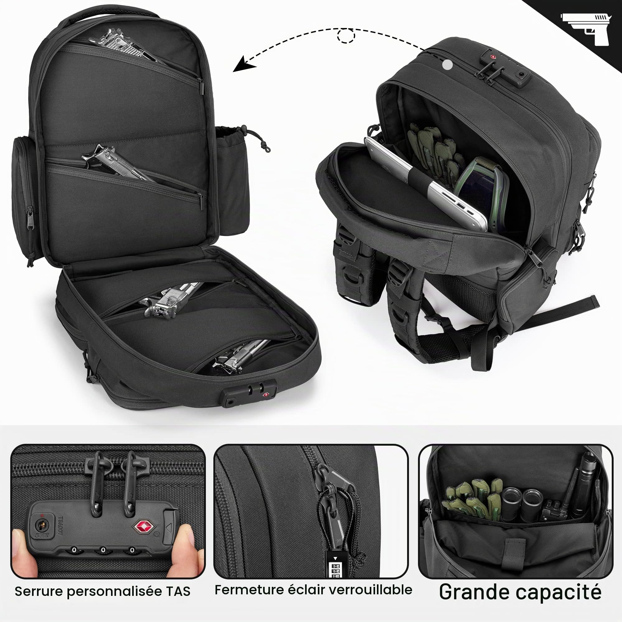 GOBUROS Sac à Dos Tactique pour Pistolet pour 4 Armes de Poing et 12 Mags