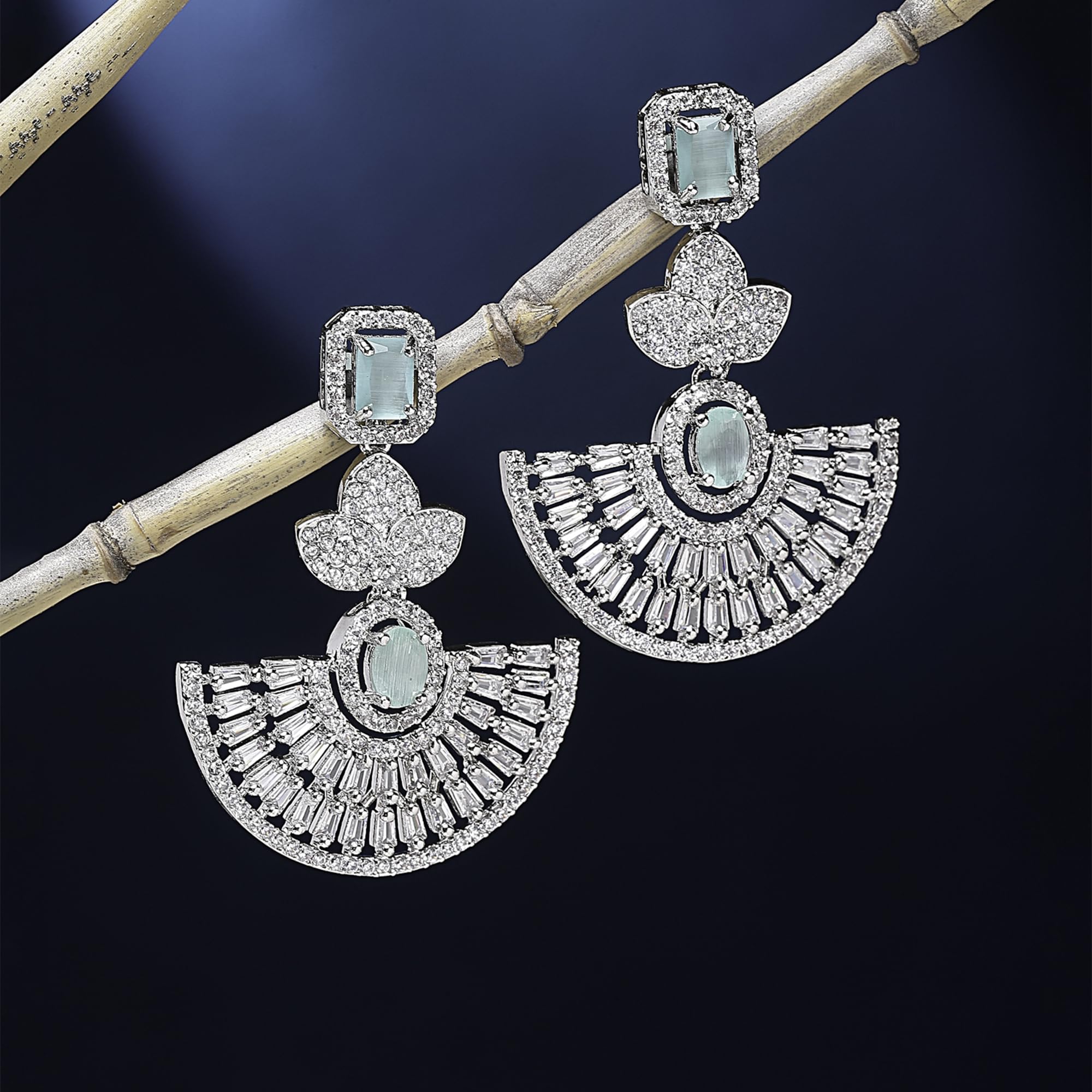 Leaf Shaped Drop Earrings with American Diamond in Rhodium Plating