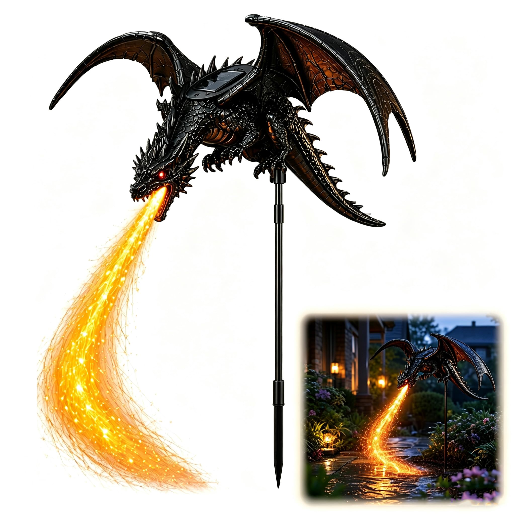 Solar Dragon Fire Garden Light, Fire Breathing Dragon Stake Solar Light