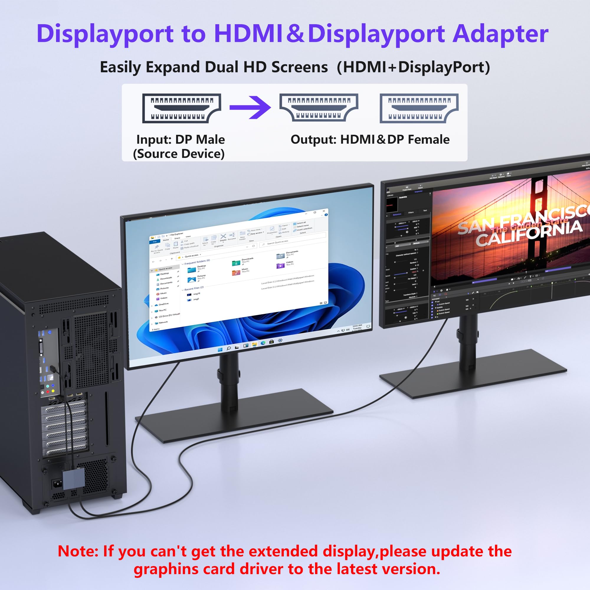 Adapter DisplayPort na HDMI i DisplayPort, adapter 4K przy 60 Hz, adapter DP na HDMI/Display Port Splitter 1 w 2 wyjścia, rozszerzony wyświetlacz, DisplayPort MST Hub do komputera stacjonarnego