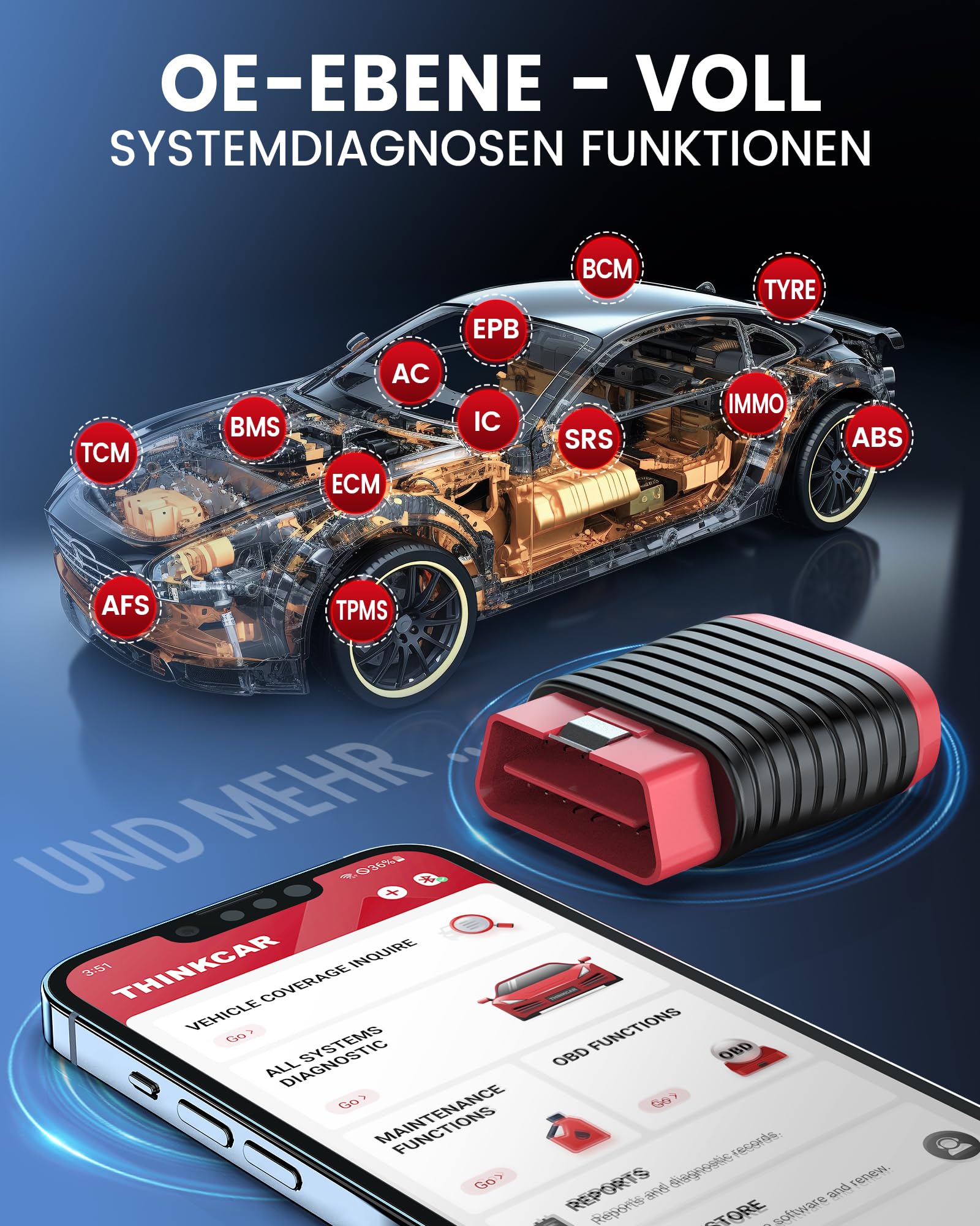 thinkcar Adapter Bluetooth OBD2, BD6 Urządzenie diagnostyczne OBD2 z wszystkimi diagnostykami systemowymi + 5 funkcjami serwisowymi (LED, hamulce, lampki oleju, IMMO, ETS)