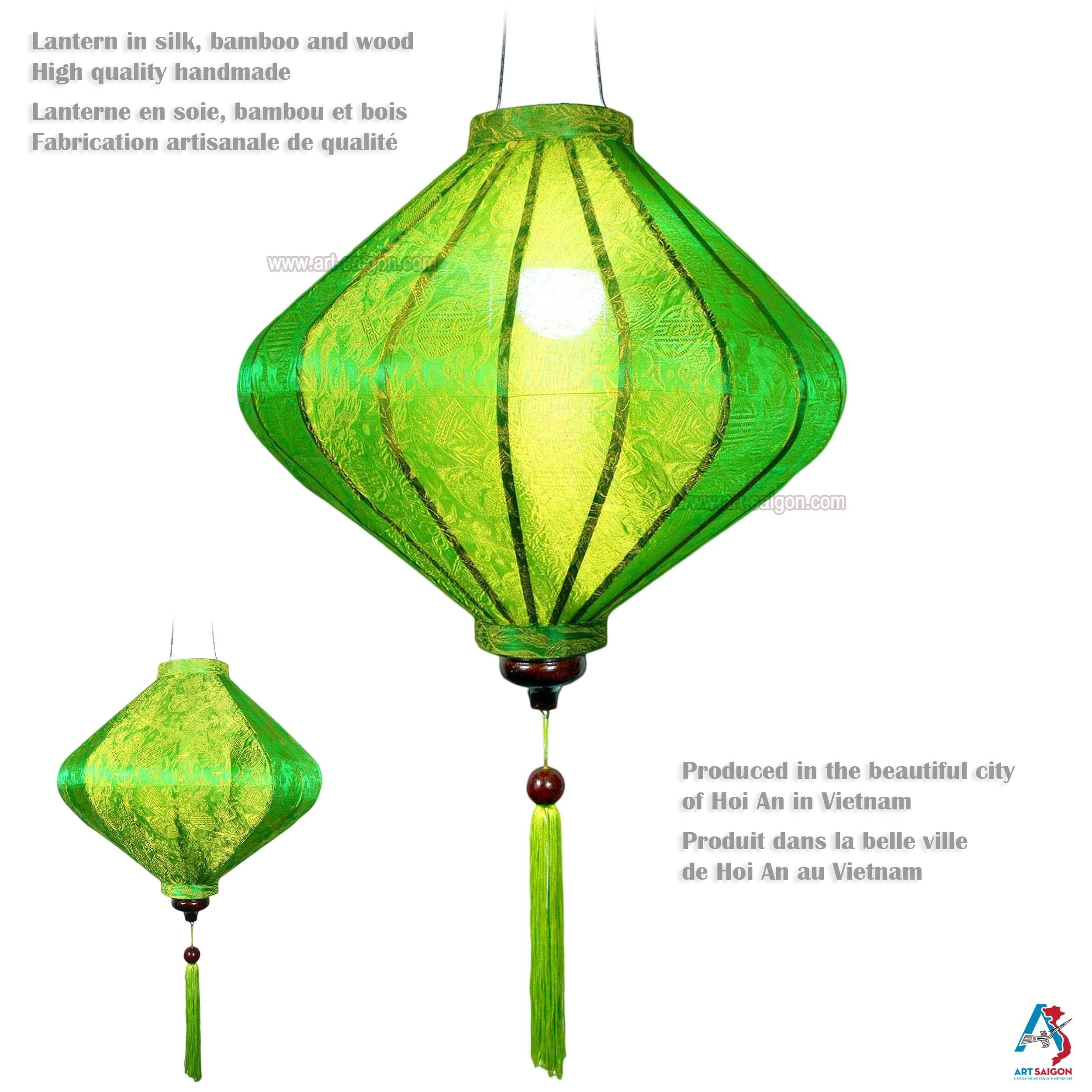 Asiatische Laterne Lampion aus Grün Seide, T Ø39cm - Traditionelle Hoi An Hängelampe aus Stoff, Bambus und Holz - Dekoration und Handwerk aus Vietnam (T25-V)