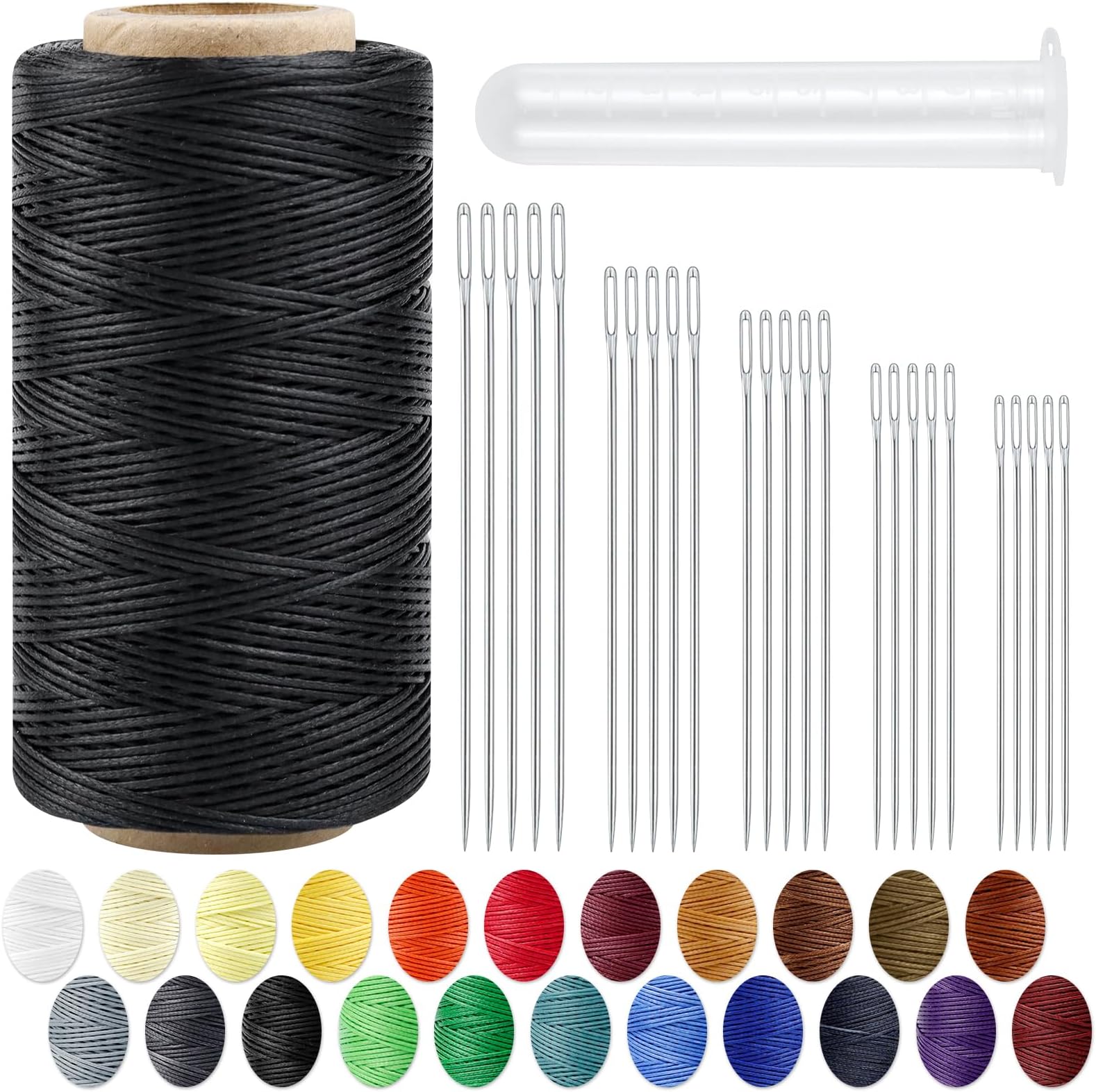Leather Upholstery Sewing Waxed Thread: PLANTIONAL 218 Yards 210D Wax String Set with 25 Large Eye Hand Sewing Needles, Heavy Duty Sewing Kit for Car Sofa Leather Repair Craft