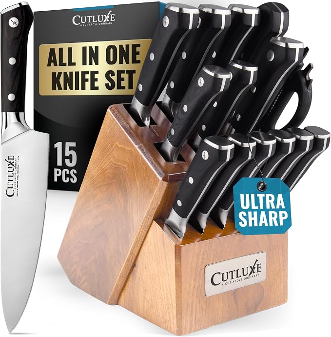 Cutluxe Knife Set with Block – 15-Piece Knives Set for Kitchen, Professional Chef Knife Set with Block, Ultra Sharp High Carbon German Stainless Steel, Full Tang, Rubberood Block – Artisan Series