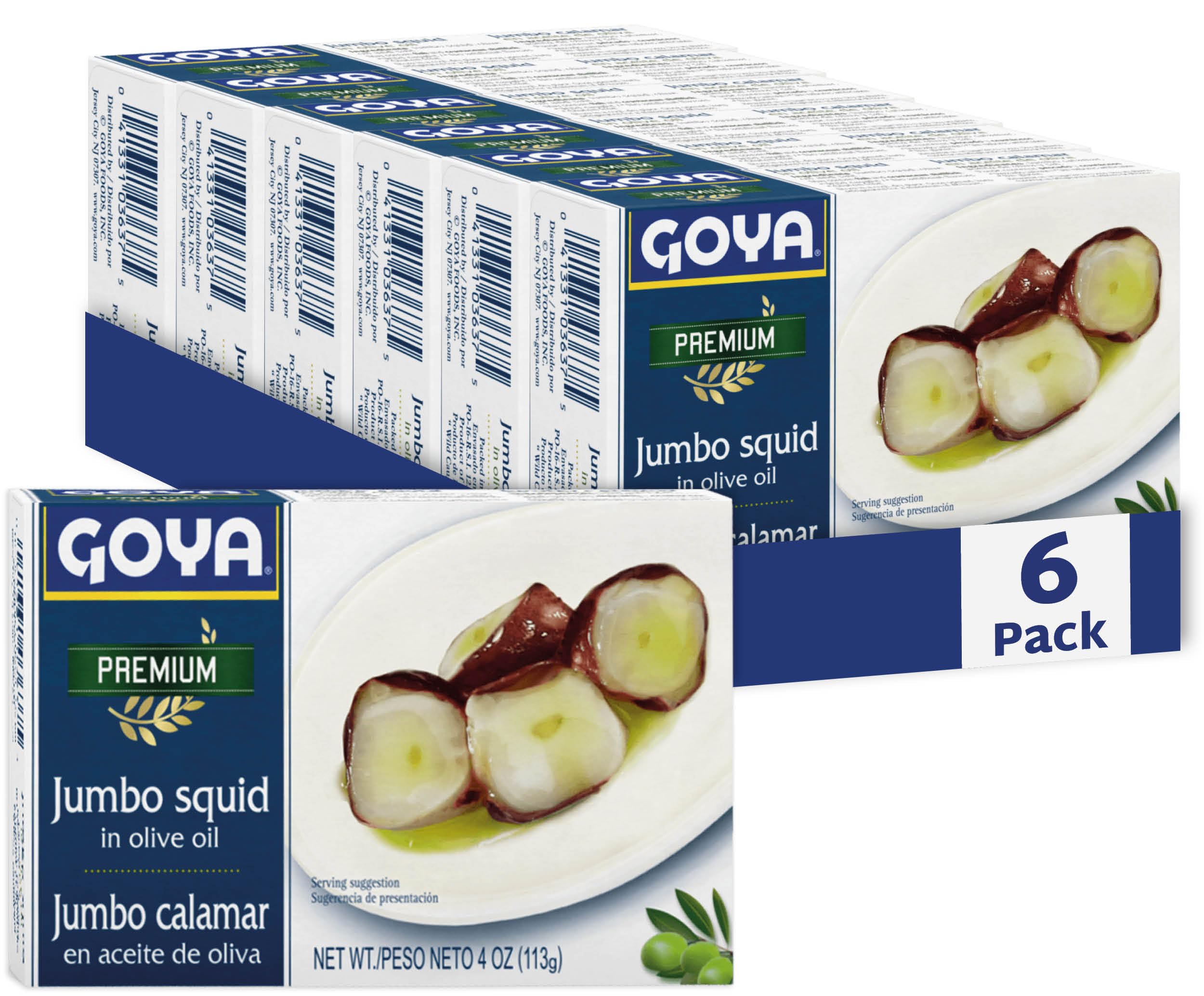 Goya Premium Jumbo Squid Octopus Style in Olive Oil, 4 oz Cans (Pack of 6), Mediterranean-Style Seafood, Ready-to-Eat Tinned Squid for Tapas, Pasta, or Rice