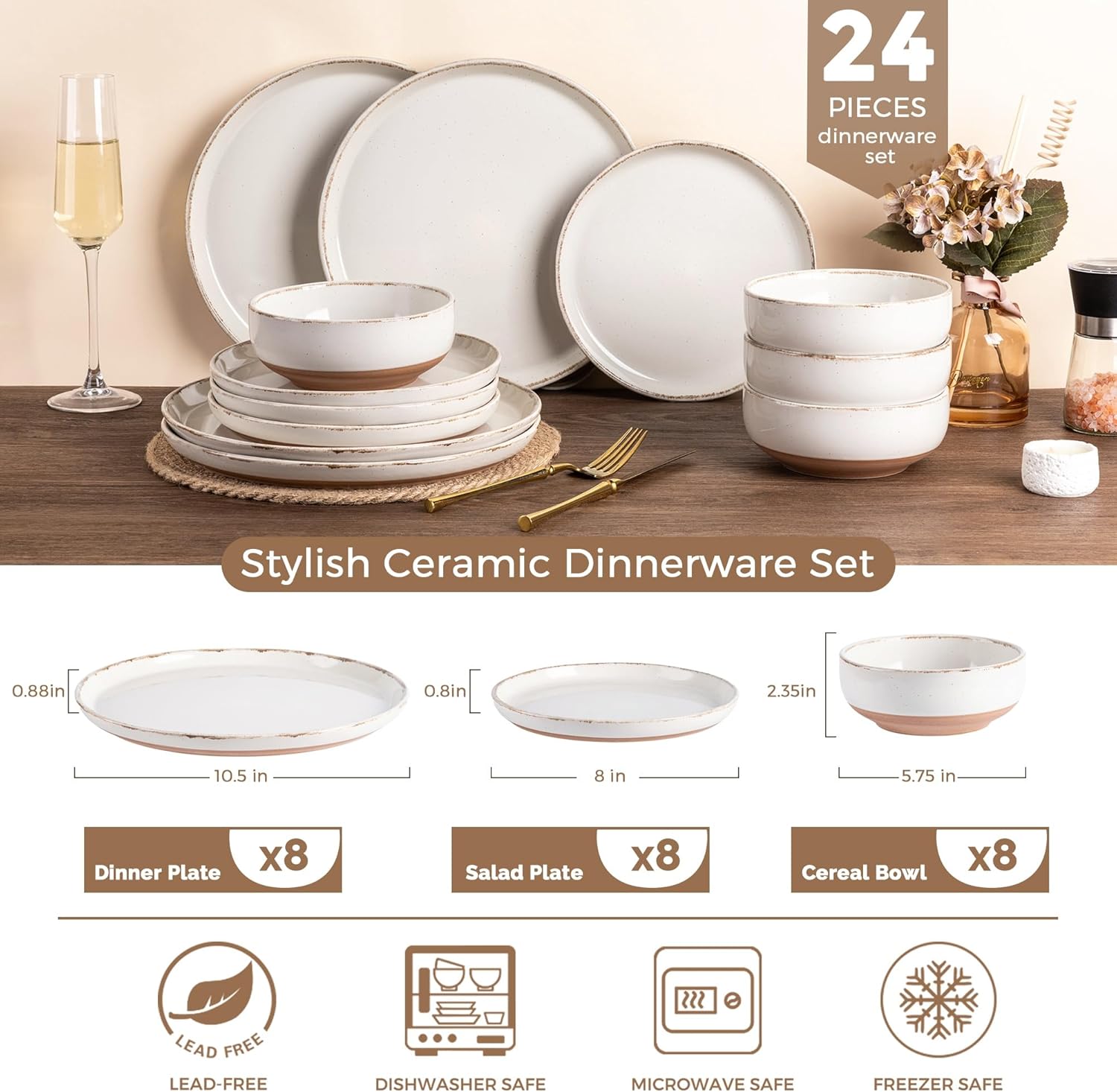 AmorArc 24 Pieces Ceramic Dinnerware Sets for 8, Handpainted Stoneware Plates and Bowls Set with Rustic Terracotta Underside, Scratch Resistant Dishes Set, Dishwasher & Microwave Safe