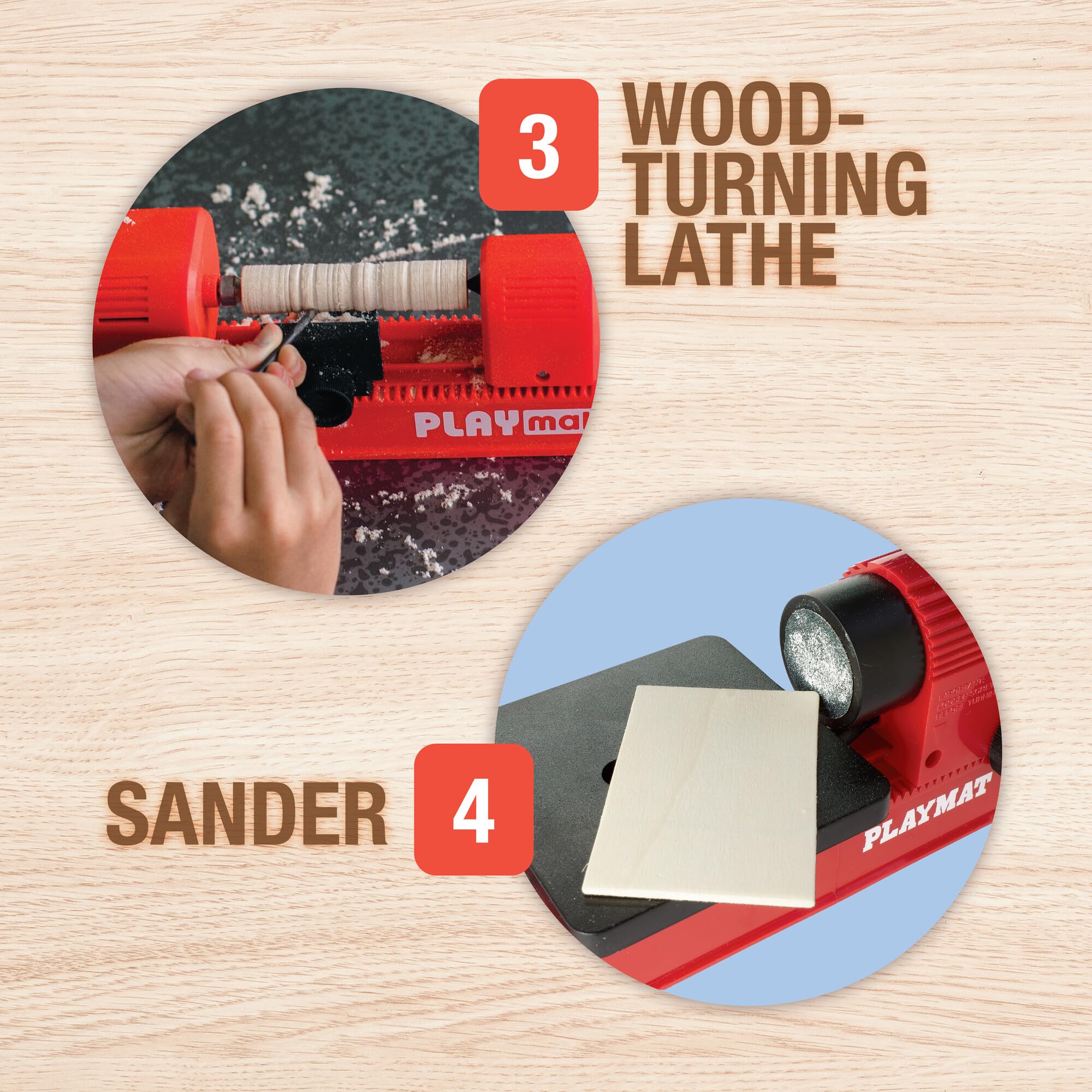 PLAYMAKE 4in1 Workshop - Kreativwerkstatt für Kinder ab 5 Jahren - Technikspielzeug für Holz und Karton - Sicheres Werkzeug für Kinder - 4 Funktionen in einem Spielzeug - Made in Austria | Sägen, Bohren, Schleifen und Drehen, MINT-Bildung für Kinder, 4 Fu