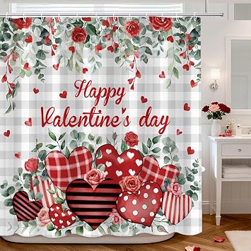 MEHOFOND Valentines Day Shower Curtain Eucalyptus Leaves Plaid Valentines Day Shower Curtain for Bathroom Red Heart Romantic Love Bathtub Home Decor Fabric Waterproof Washable Bath Curtain 72x72 Inch
