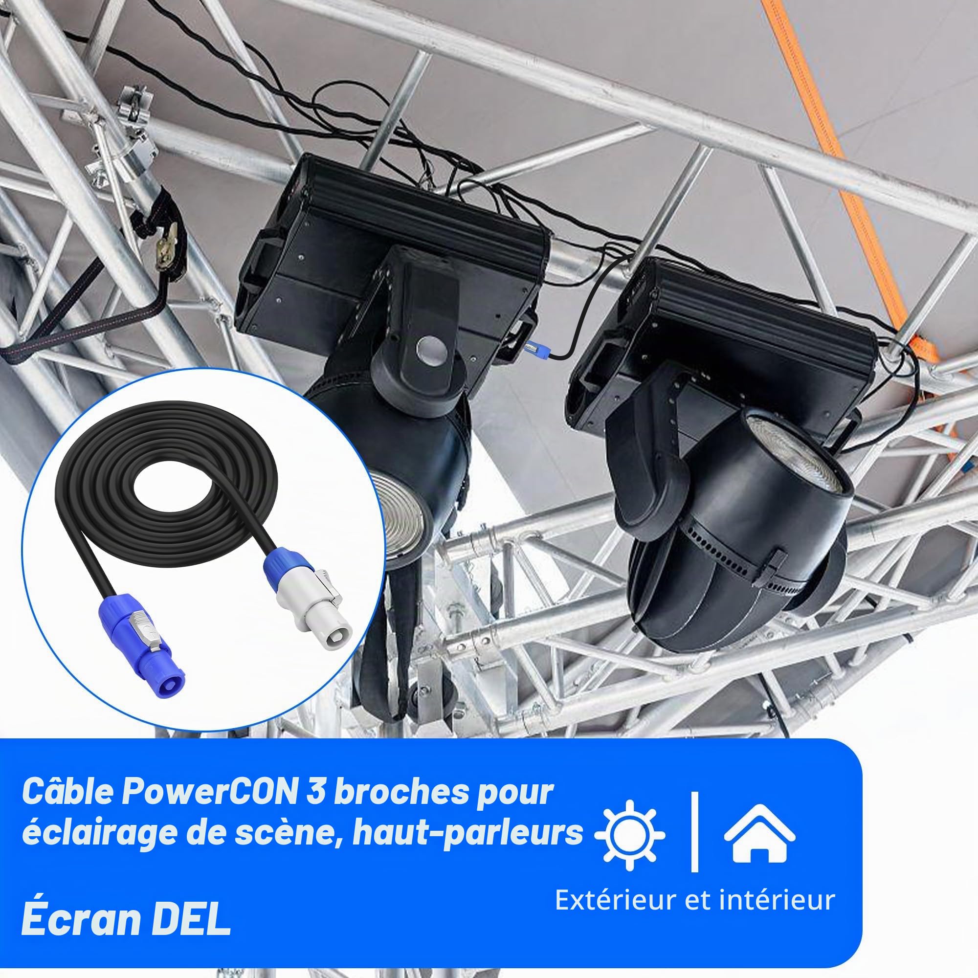 XMSJSIY PowerCon Câble d'alimentation 14 AWG 3 broches AC PowerCon entrée vers sortie Câble d'extension pour écran LED, faisceau de lumière de scène, équipement audio vidéo et plus encore - 2 m